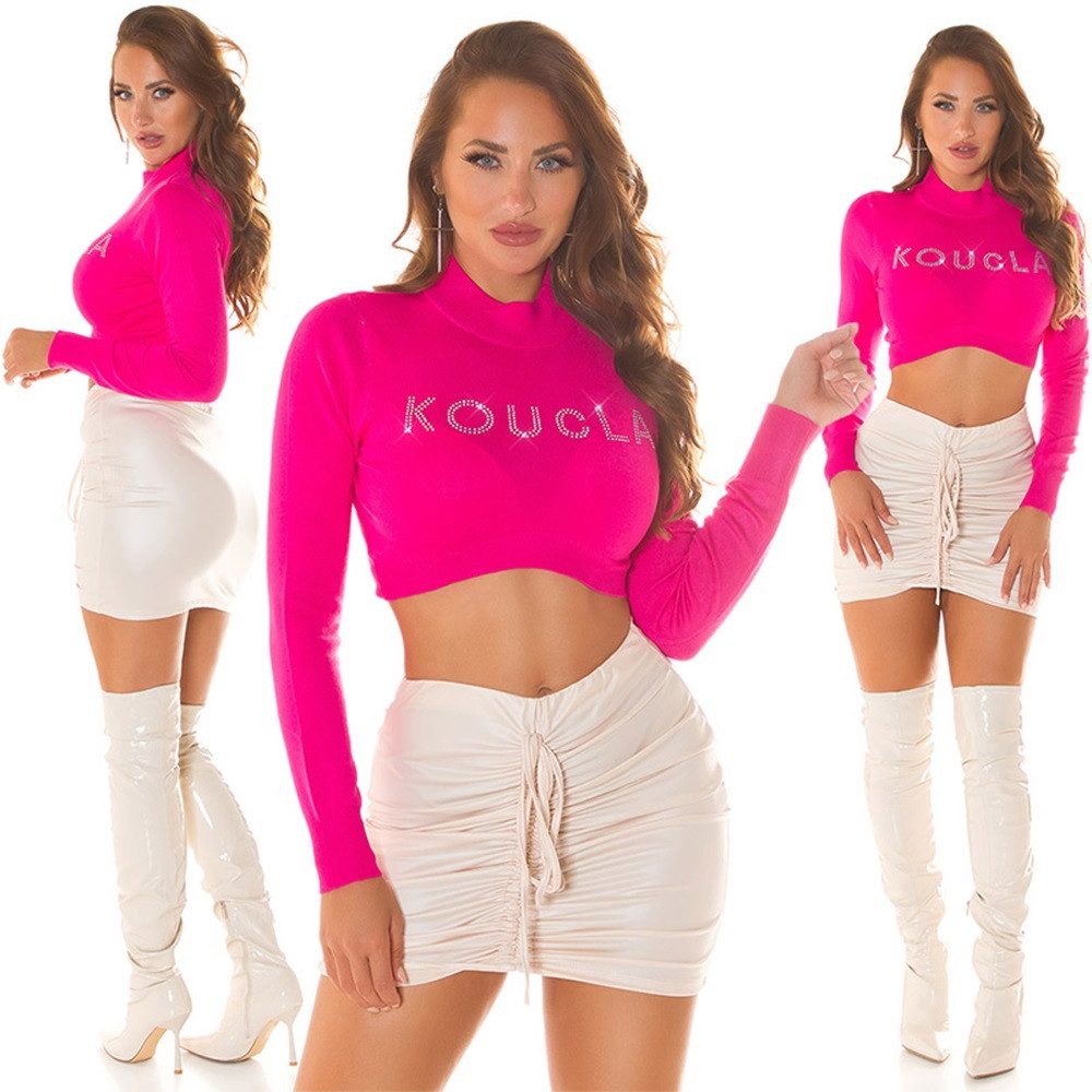 Koucla Strickpullover Crop Top Feinstrick Pullover bauchfrei Pink mit Strass Rundhalsausschnitt mit Stehkragen