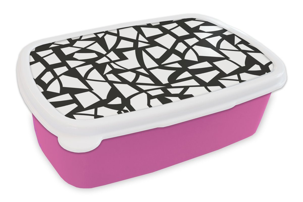 MuchoWow Lunchbox Muster - Geometrisch - Weiß - Schwarz, Kunststoff, (2-tlg), Brotbox für Erwachsene, Brotdose Kinder, Snackbox, Mädchen, Kunststoff rosa