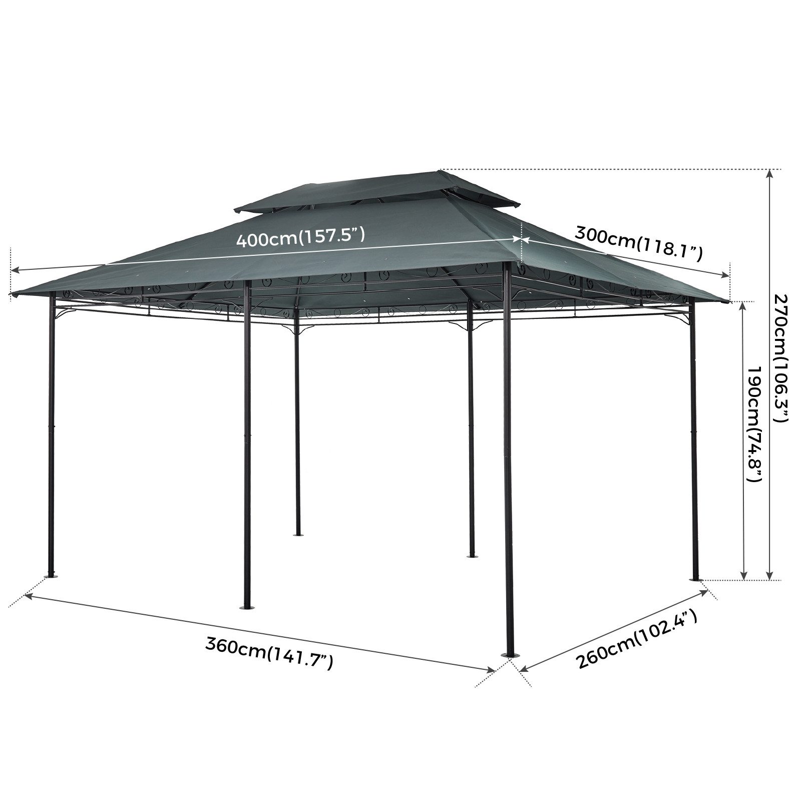 Mondeer Pavillon Gartenpavillon, mit 6 Seitenteilen Vorhänge Metallrahmen Dachplane, 300 x 400cm, Grau
