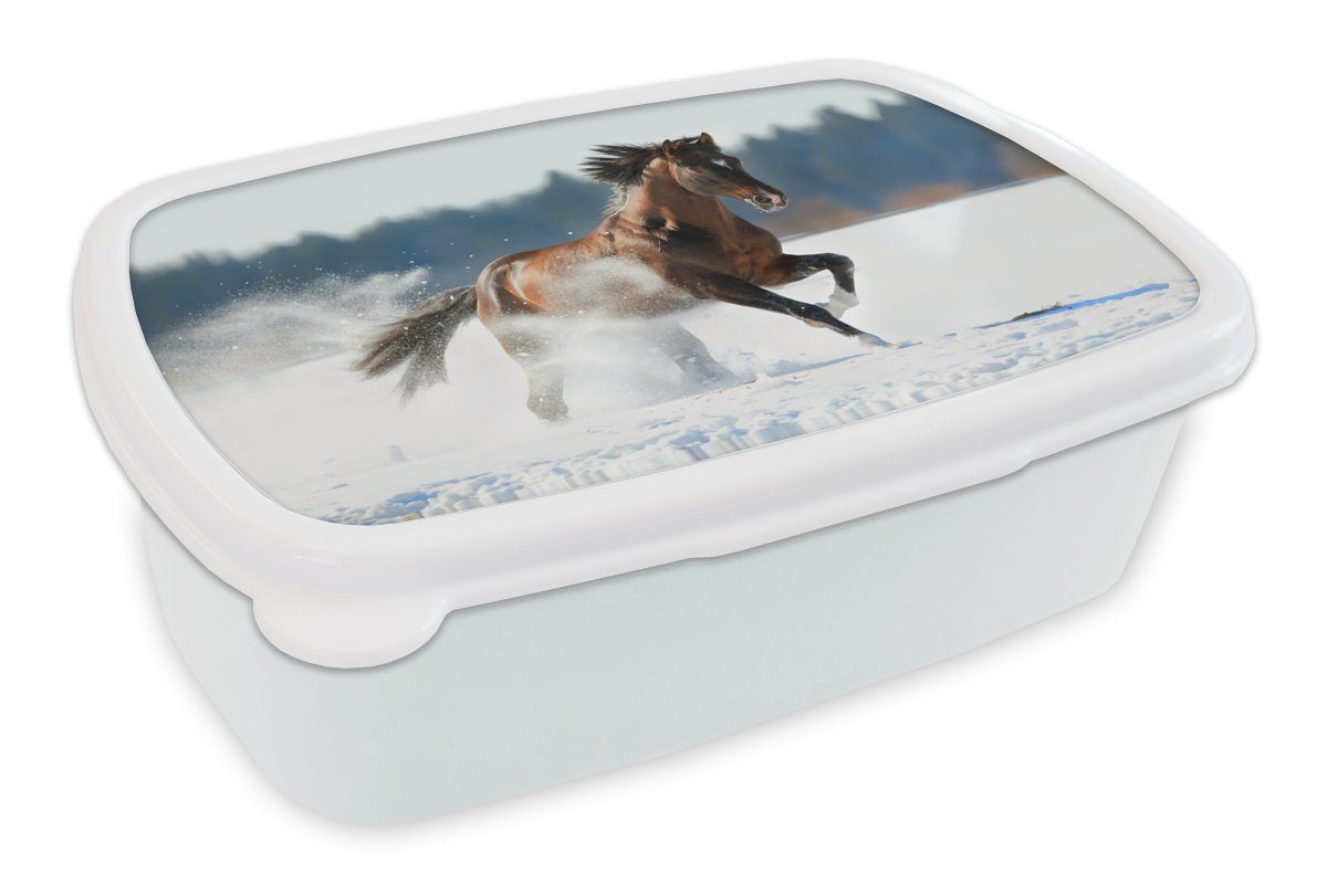 MuchoWow Lunchbox Pferd und Kunststoff, - für Winter, Erwachsene, Mädchen Brotdose, (2-tlg), und Kinder Jungs Brotbox - weiß für Schnee