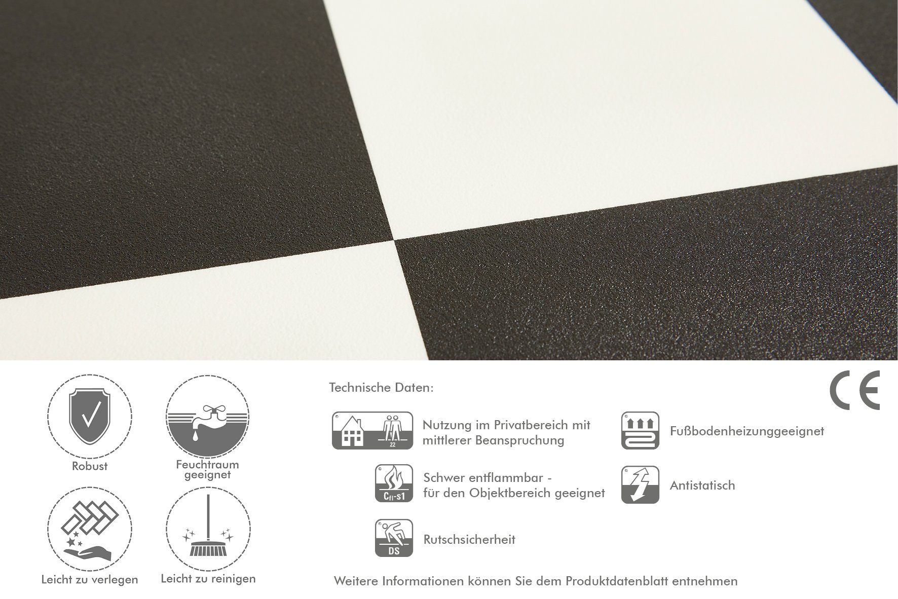 2 2,8 Bodenbelag PVC mm Andiamo Schachbrett Fliesenoptik, Meterware Scharz-Weiß, breit, Stärke m Vinylboden