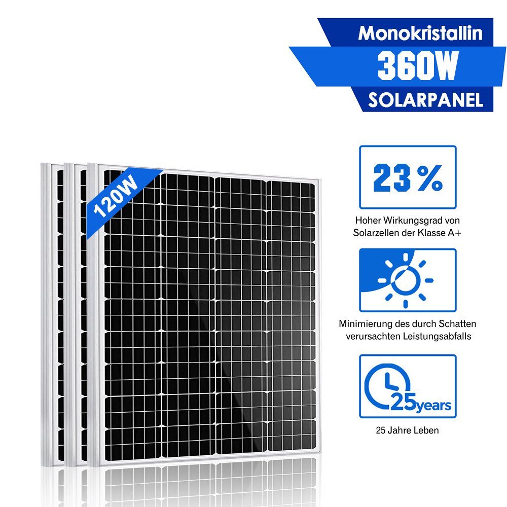 GLIESE Solarmodul 3 Stücken 120Watt Solarpanel, 360,00 W, Monokristallin, (Set, 3 Stück Solarpanel), Akku nicht im Lieferumfang enthalten