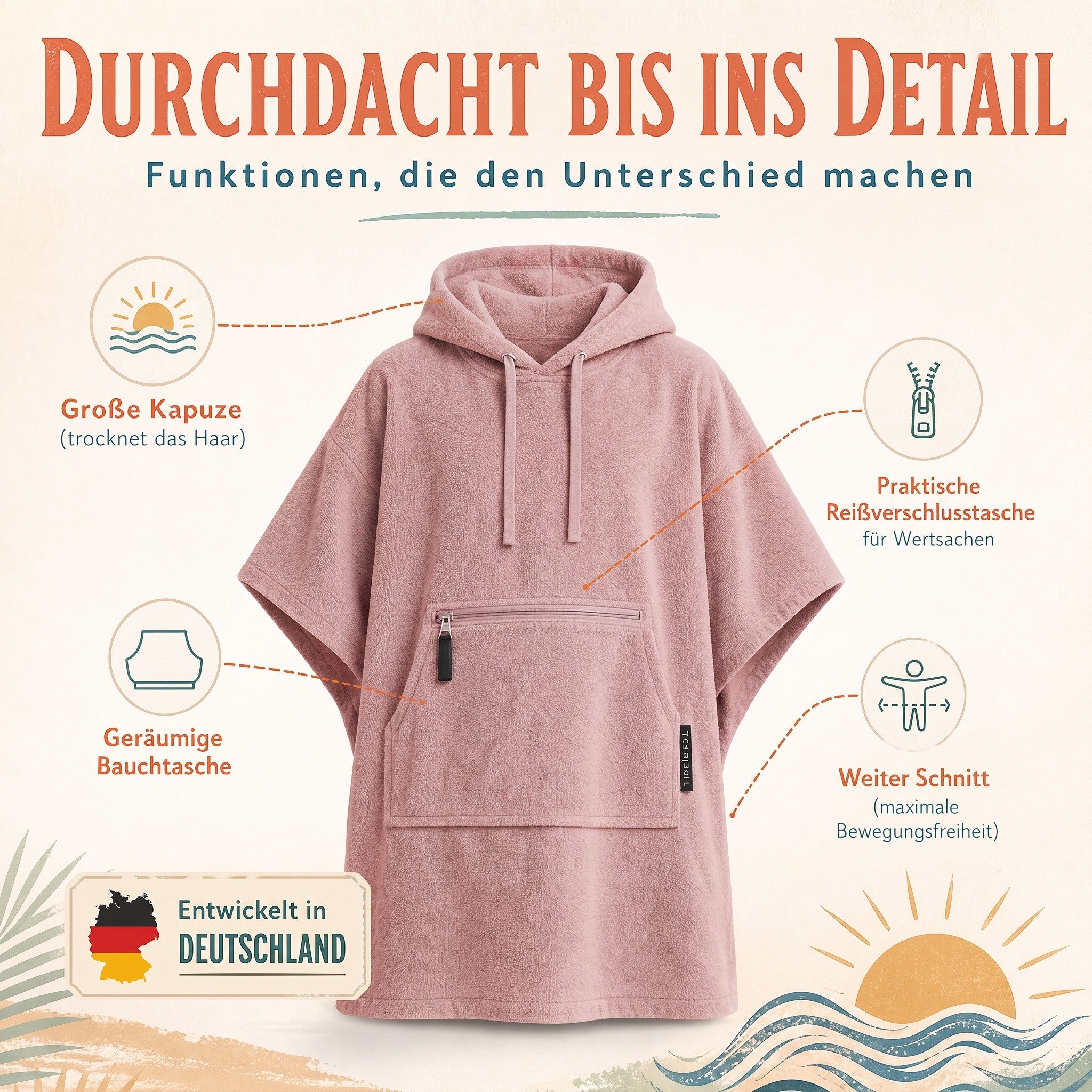 SIEGENTHAL Badetücher SIEGENTHAL® Strandponcho für Damen, Herren & Kinder aus Baumwolle, Integrierte Reißverschlusstasche für Wertsachen