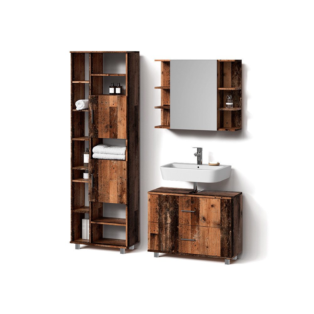 Livinity® Badmöbel-Set Eisak, Eiche rustikal, 3 Teile, mit Hochschrank