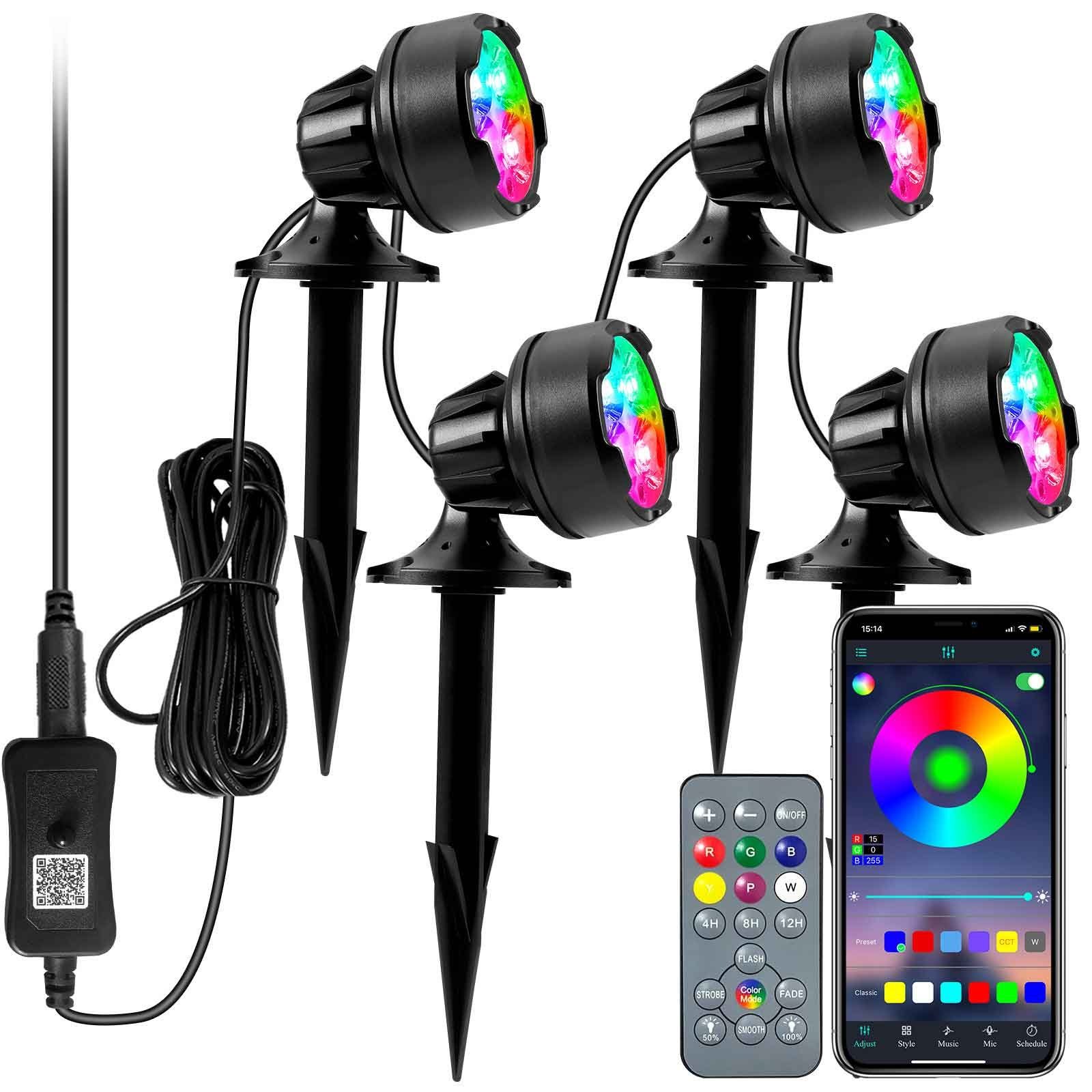 Sunicol dimmbar, einstellbar LEDs, Garten, RGB, Fernbedienung/App, für Gartenstrahler Teich Aquarium Wasserdicht, 180°