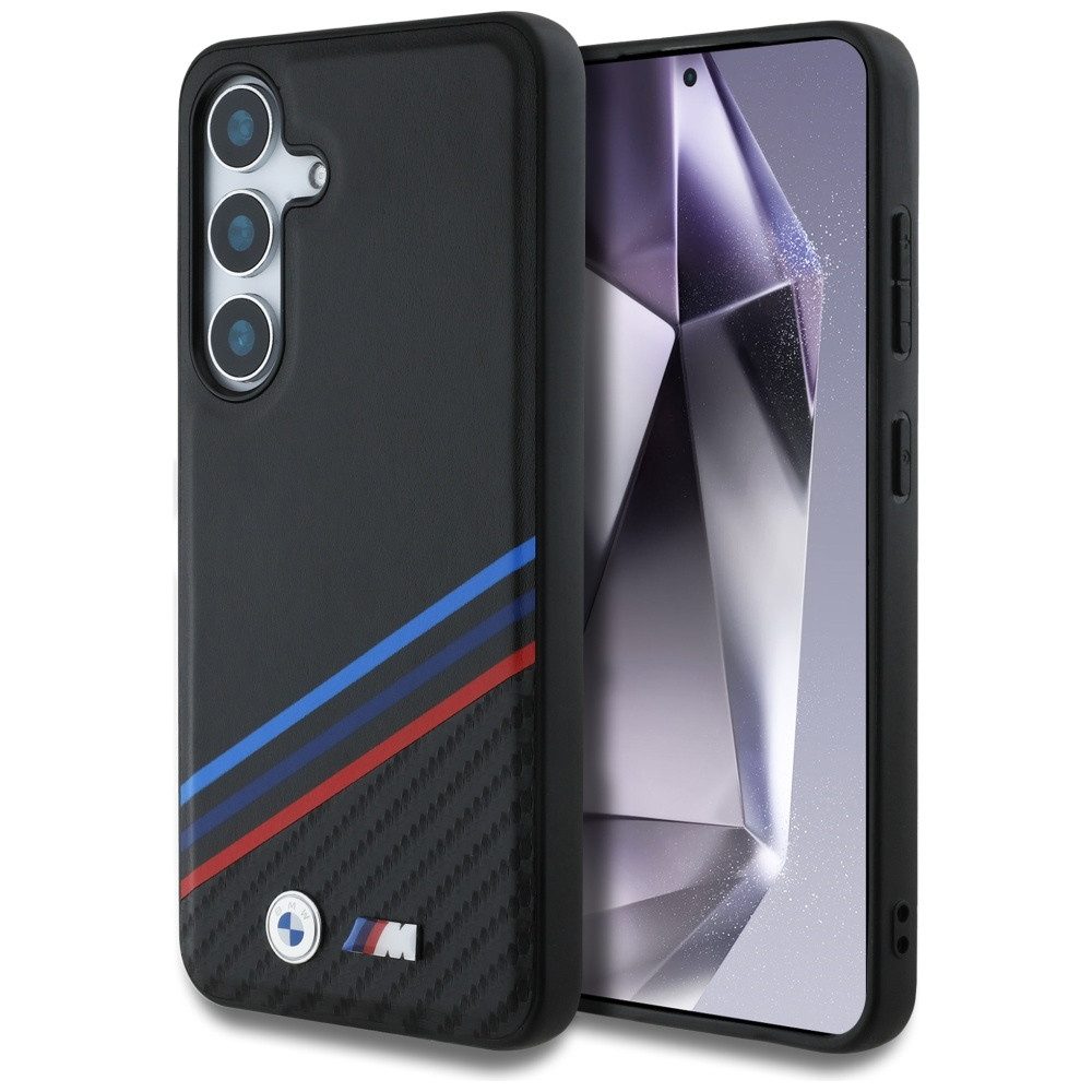 BMW Handyhülle Galaxy S25 Kunstleder Tricolor schwarz MagSafe Logo Metall 6,2 Zoll, Kantenschutz