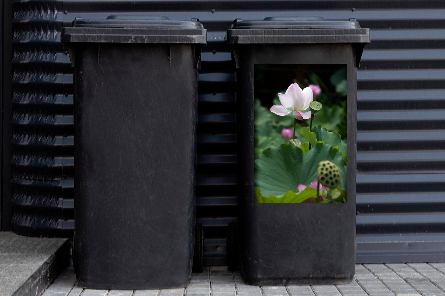 Mülltonne, Abfalbehälter Blumen Mülleimer-aufkleber, Sticker, MuchoWow anderen zwischen Wandsticker St), (1 Weißer Container, Lotos