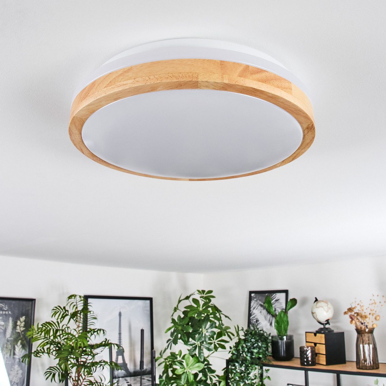 hofstein Deckenleuchte moderne Deckenlampe aus Metall/Bambus/Kunststoff in Weiß/Natur, LED wechselbar, 3000 Kelvin, Leuchte im angesagten Boho-Design (28cm), 17 – Bild 2 von 5