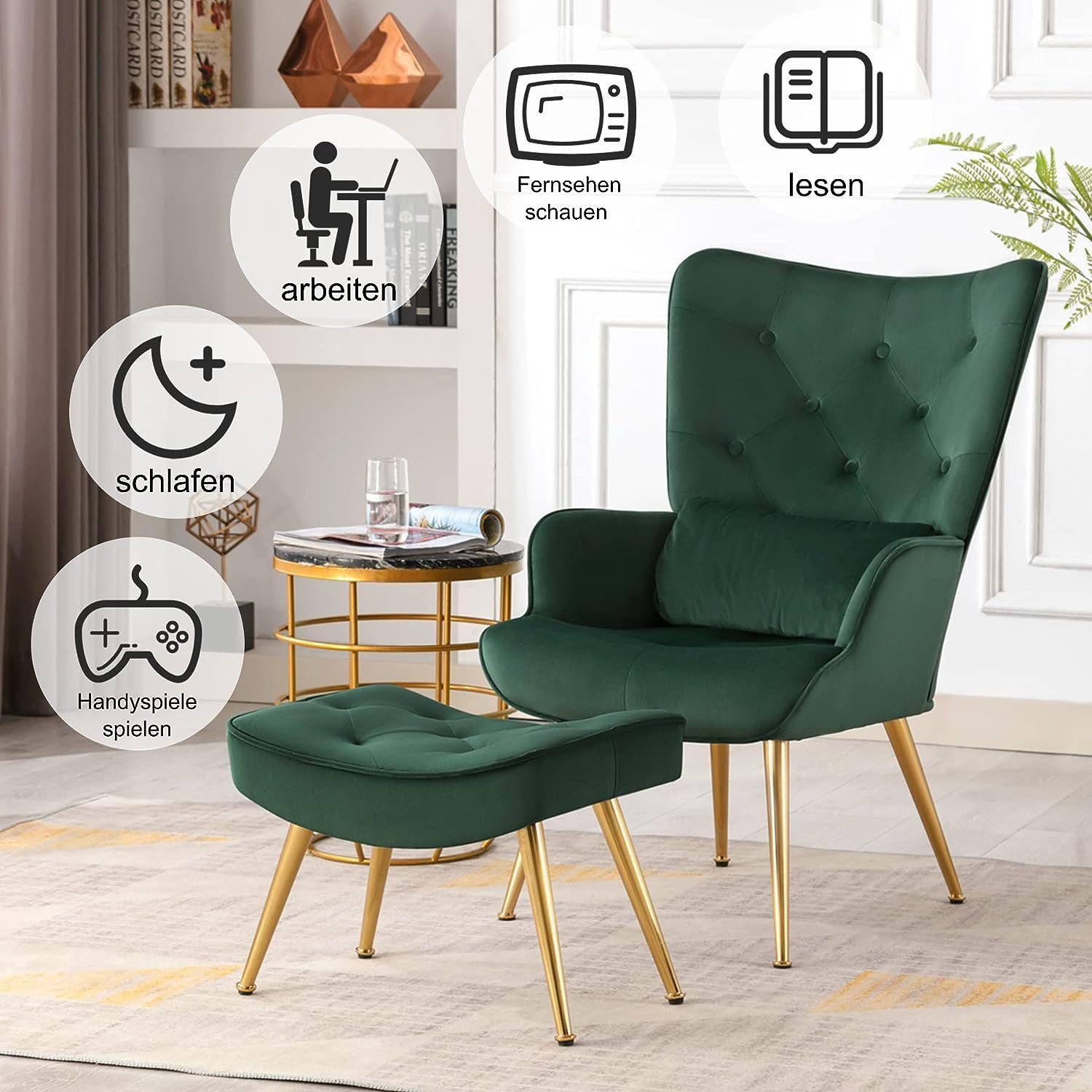 HomeMiYN Ohrensessel Hocker Relaxsessel Wohnzimmer mittelalterlicher Lounge Sessel mit Grün