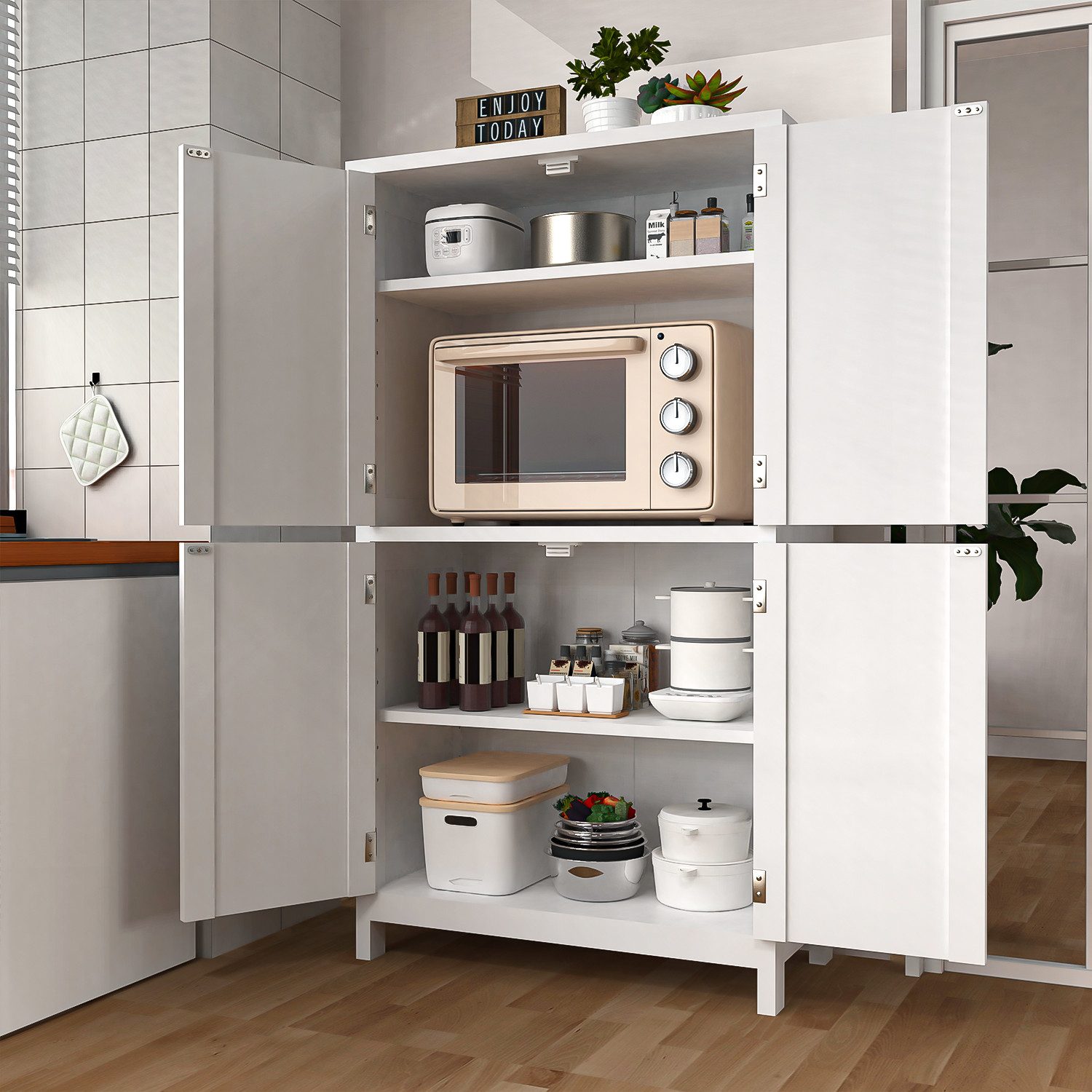 oyajia Mehrzweckschrank Küchenschrank Badezimmerschrank (mit Türen & verstellbarem Regal,Vorratsschrank Holz) Bücherschrank, Wohnzimmerschrank, mit 4 Türen, 60x30x110cm, weiß