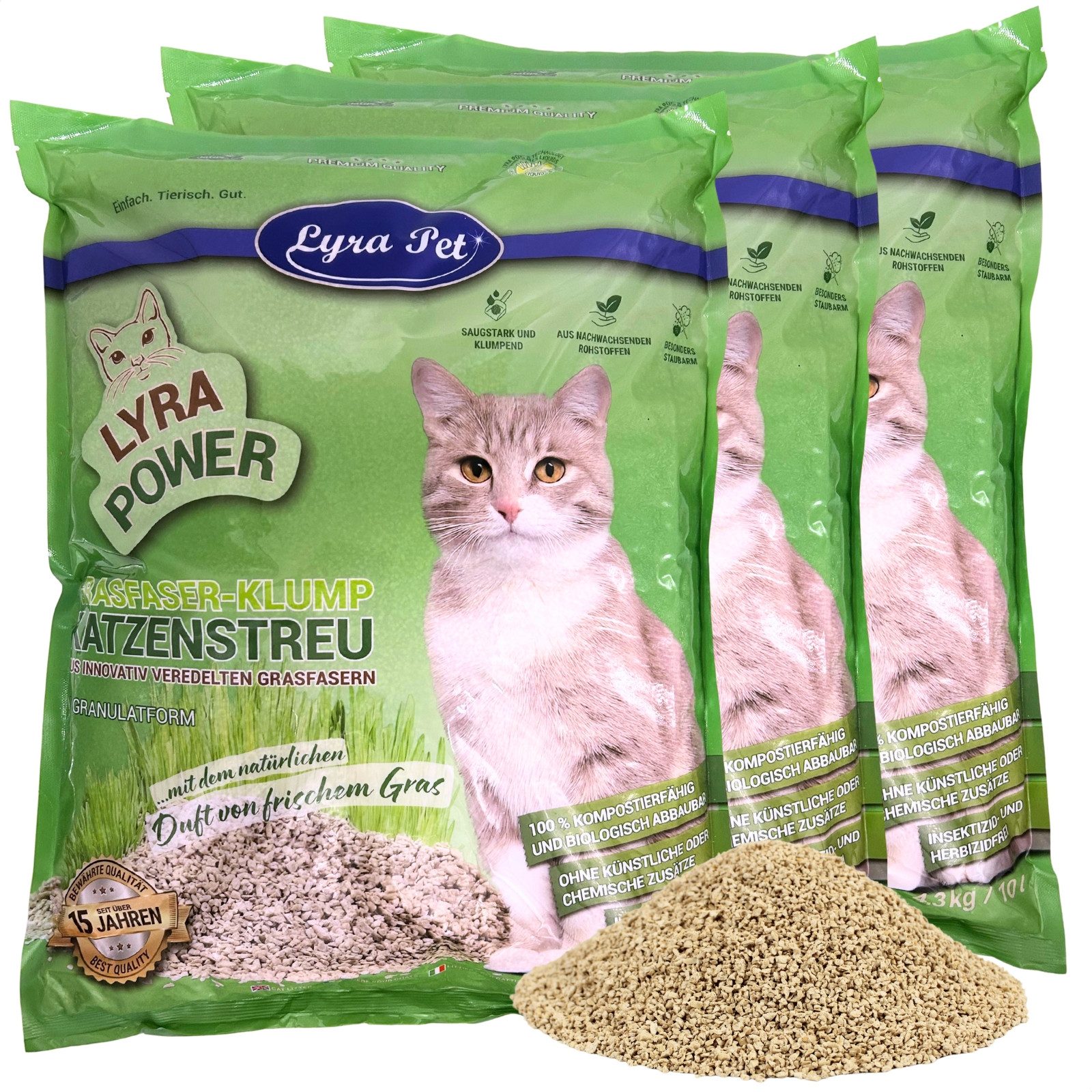 Lyra Pet Katzenstreu 3 x 10 Liter Lyra Pet® Lyra Power Grasfaser Katzenstreu klumpend, klumpend, staubarm