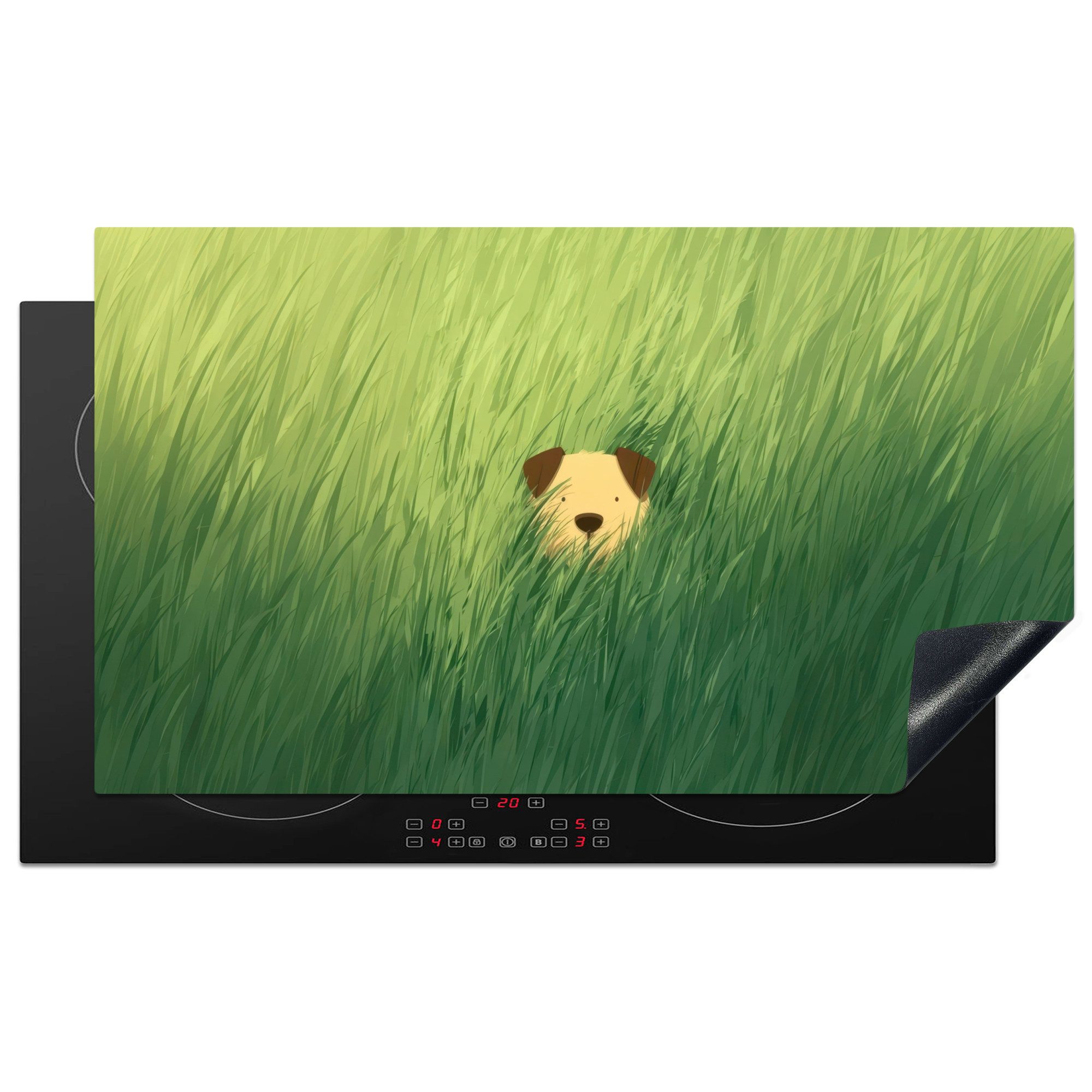MuchoWow Herd-Abdeckplatte Hund - Gras - Ohren - Braun, Vinyl, (1 tlg), Herdabdeckplatten für Ceranfeld, Induktionsschutz, 91.6x52.7 cm