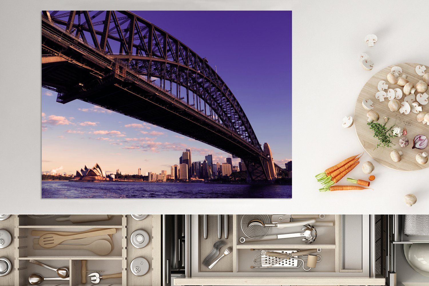 MuchoWow Herdblende-/Abdeckplatte (1 Harbour Sydney nutzbar, Bridge Vinyl, Skyline 70x52 Arbeitsfläche Opernhaus Sydney cm, Mobile von tlg), in, und Ceranfeldabdeckung mit
