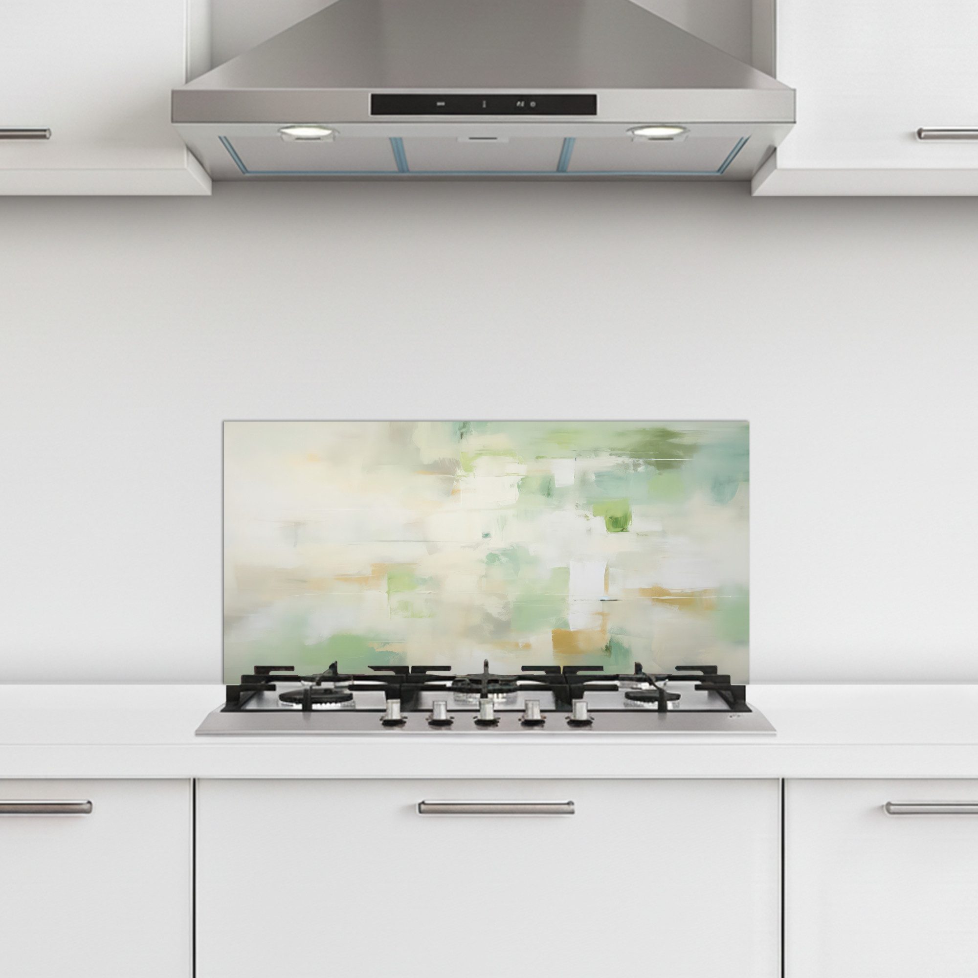 KitchenYeah Küchenrückwand selbstklebend (keine Folie) Abstrakt - Kunst - Weiß - Grün - Modern, (1-tlg), Spritzschutz Herd Wand, Küchen Deko, 70x30 cm