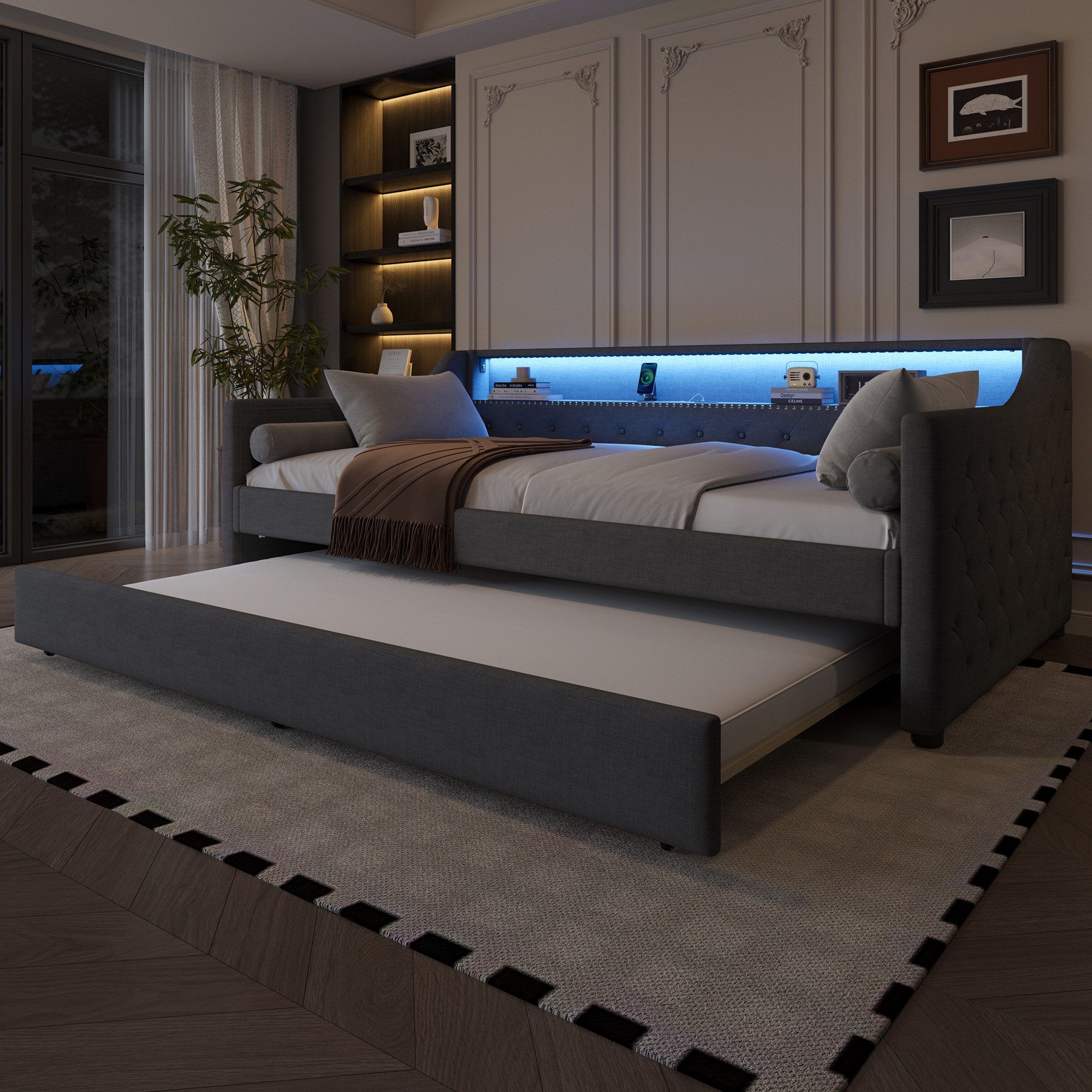 Merax Daybett Sofabett Schlafsofa mit LED-Beleuchtung & USB-Ladebuchse (Einzelbett/Doppelbett mit Regal, 1 tlg), Polsterbett Tagesbett 90x200cm mit Ausziehbett  – Bild 4 von 5