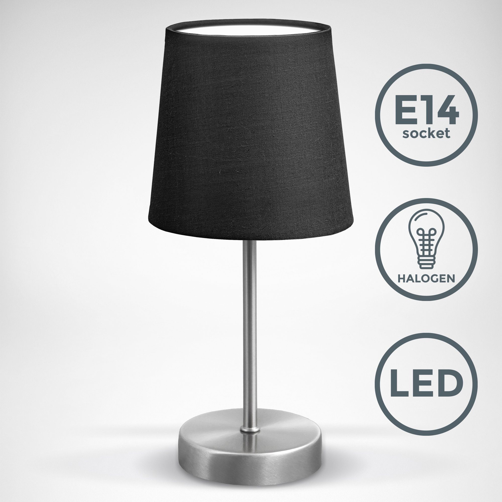 Schalter E14 Stoff Tischleuchte, IP20 ohne B.K.Licht LED matt-nickel taupe Nachttischlampe Leuchtmittel, schwarz mit