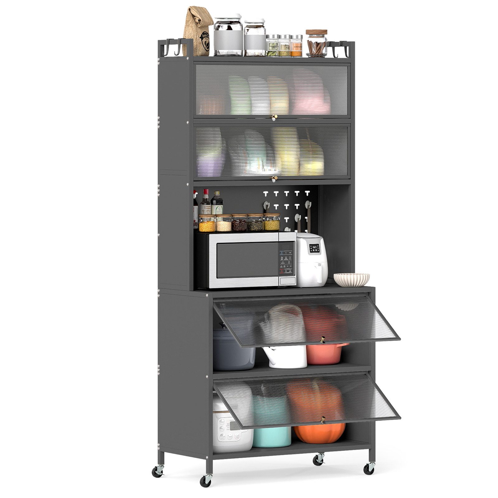 COSTWAY Küchenbuffet Küchenschrank mit Rollen, Arbeitsplatte, Lochwand, Haken