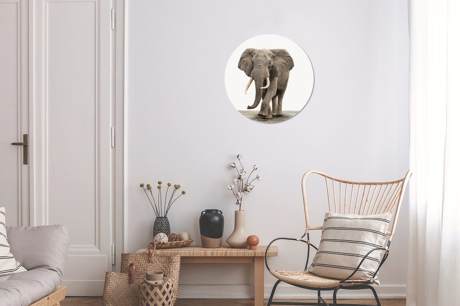 Wohnzimmer Kinderzimmer, St), Wandsticker (1 Tiere Grau Elefant Tapetenkreis - MuchoWow Rund, für Tapetenaufkleber, -