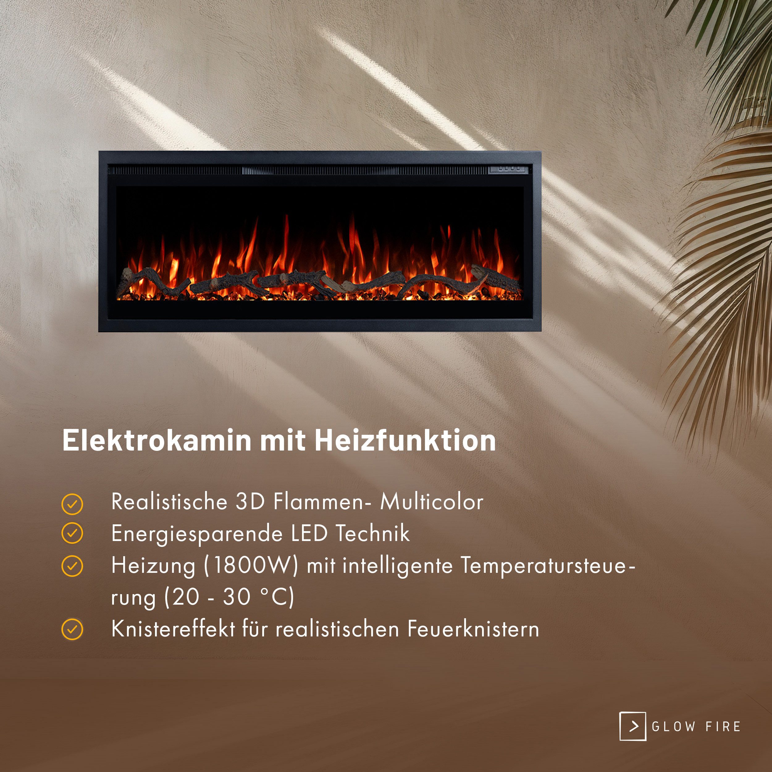 GLOW FIRE Elektrokamin Wandkamin Core, 3D Feuer und Heizung (Thermostat, bis 1800 W), Elektrischer Stand-, Wand- oder Einbaukamin mit APP Steuerung, LED