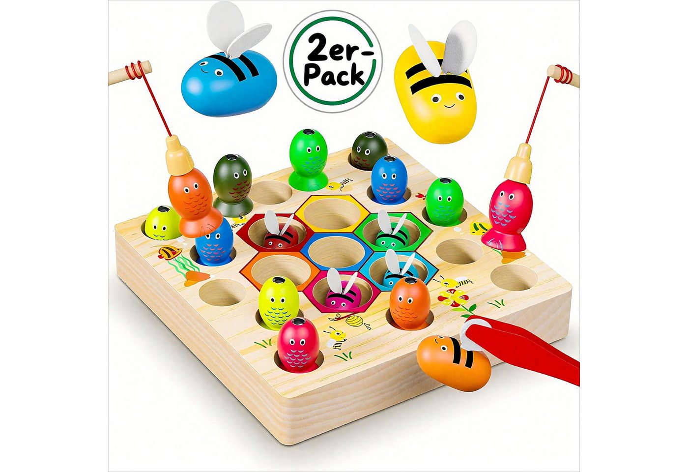 POPOLIC Lernspielzeug Magnetische Angelspiel ab 2 Jahre, Montessori Spielzeug 2 in 1 Baby (2-St., Holzspielzeug, Motorikspielzeug Fische Angeln Spiel 1 Set 2 3 4 Jahre), Mädchen Junge Geschenke für Kinder(Patentschutz)