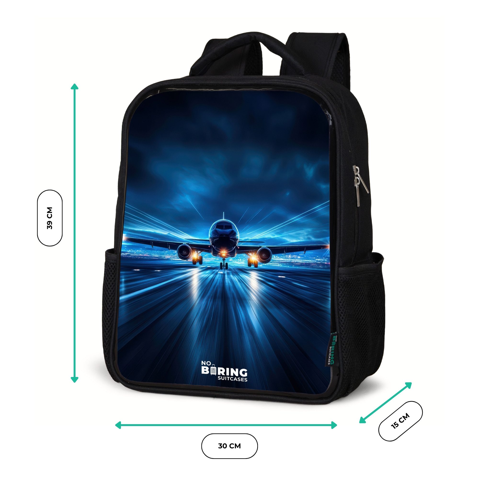 NoBoringSuitcases.com© Rucksack Schwarz - Ein Flugzeug hebt in einer futuristischen Nachtlandschaft ab, Kinderrucksack Schwarz, Schulrucksack, Freizeitrucksack  – Bild 5 von 5