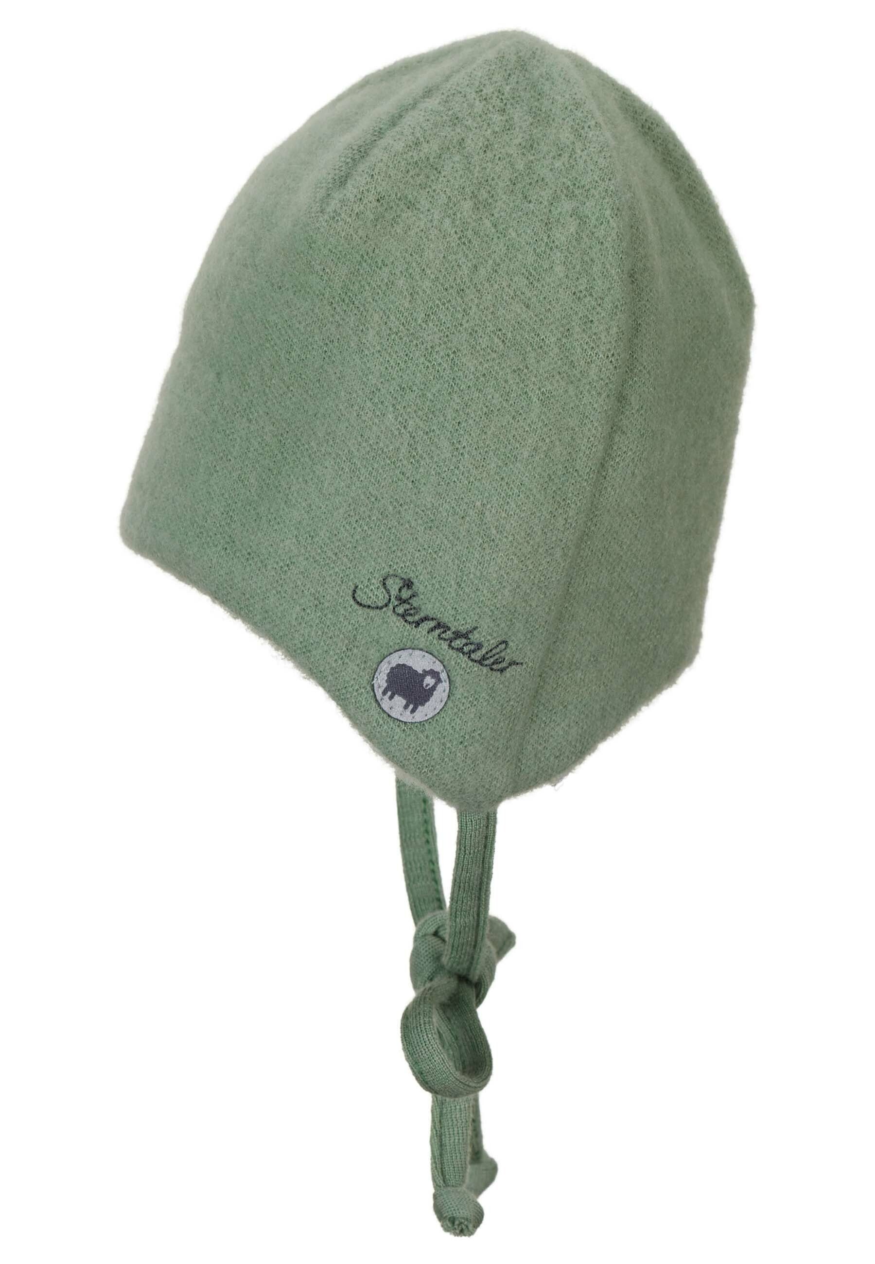 für Schlupfmütze Kinder aus Beanie Wintermütze Baby (1-St., mit und Merinowolle weicher Sterntaler® unifarben Mütze Ohrenklappen) grün angeschnittenen Bindeband Mütze