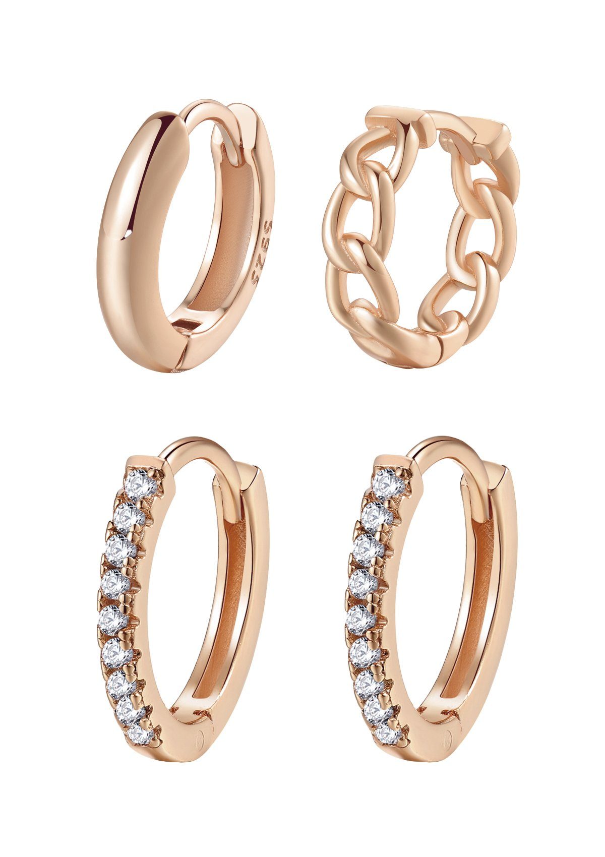 Hey Happiness Creolen-Set Layer Glieder geflochten, Basic Ohrringe rund Kristalle, Damen 925 Silber Stapel Ohrringe Set 4er klein, 18K Roségold Gold