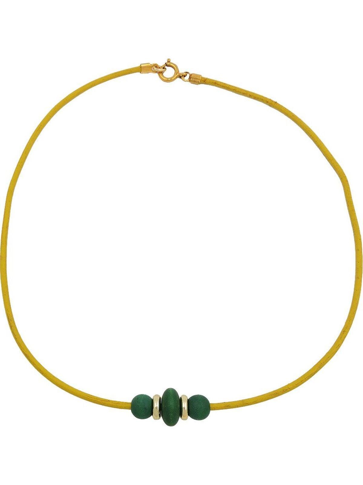 Gallay Perlenkette 3 Kette Holzperlen gelb dunkelgrün (1-tlg) Lederband 42cm