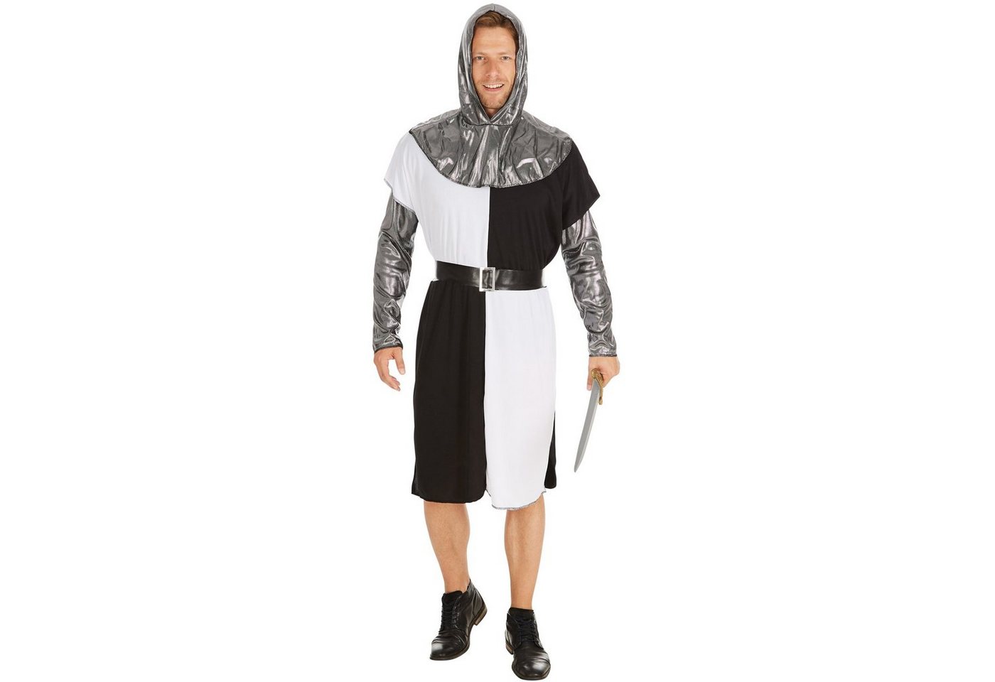 dressforfun Kostüm Edelmann/Kavalier, Gr. XL, Langarmshirt mit Ärmeln in Metalloptik, in schwarz/grau/weiß, Kapuzen-Cape in Metalloptik und ein Gürtel