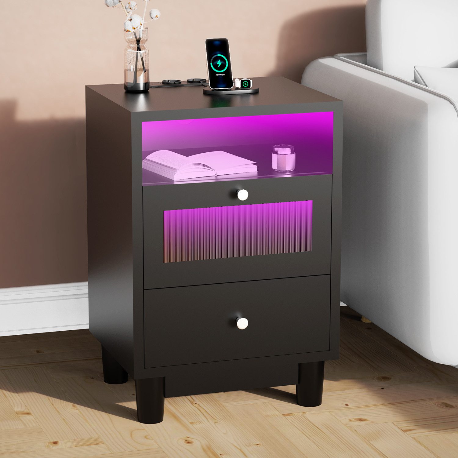 oyajia Nachttisch mit LED-Beleuchtung und Ladefunktion, Beistelltisch (Nachtschrank Beistelltisch mit 2 Schubladen und 1 offener Ablage, 2-St), 2 AC-Steckdosen, 1 typ C+1 USB-Anschlüsse, 40x35x61cm