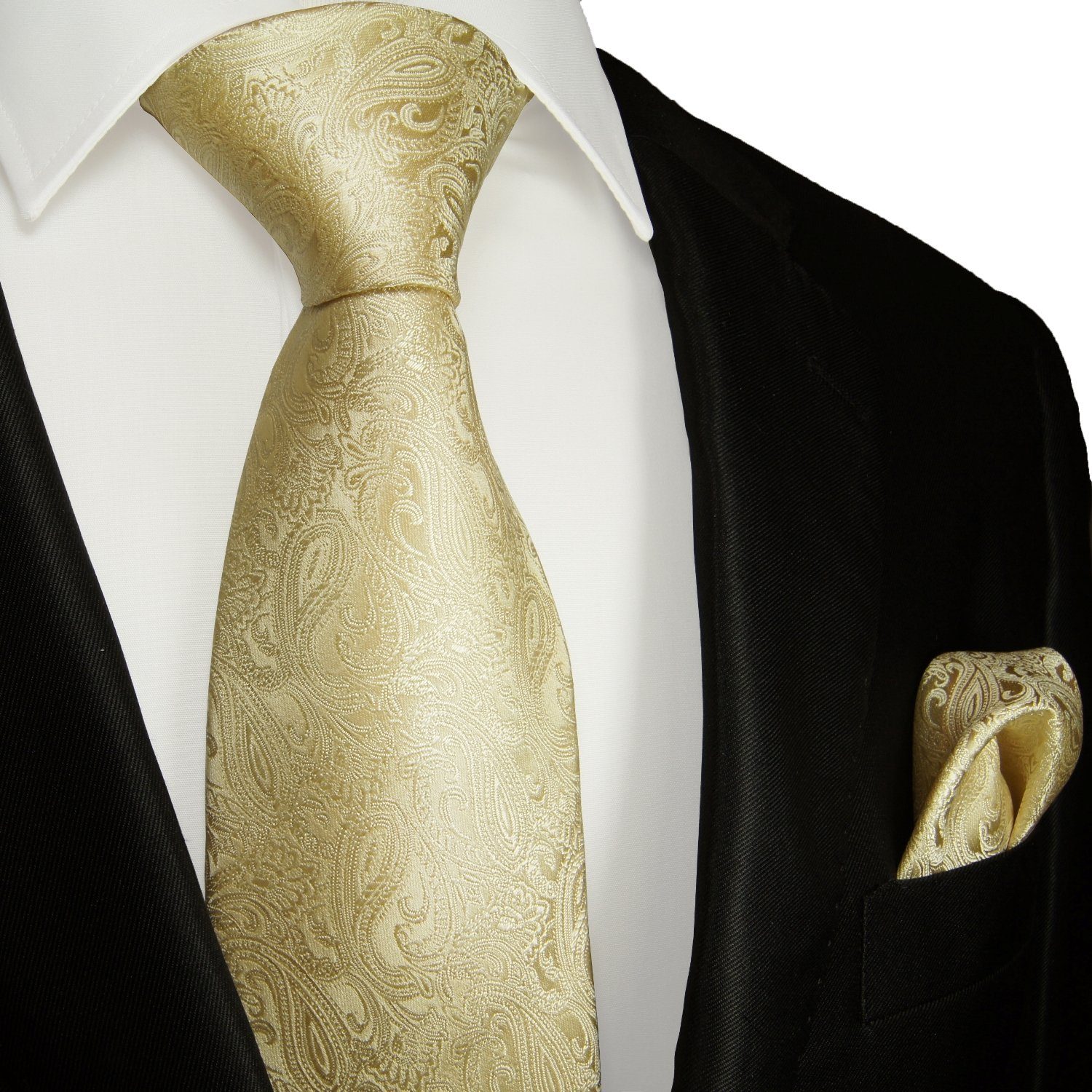 Paul Malone Krawatte Elegante Herren Hochzeitskrawatte mit Tuch paisley brokat 100% Seide (Set, 2-St., Krawatte mit Einstecktuch) Schmal (6cm), creme 2112