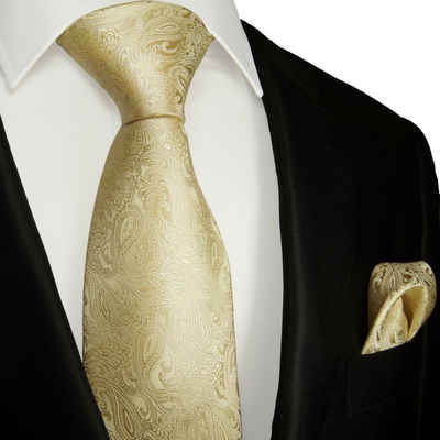 Paul Malone Krawatte Elegante Herren Hochzeitskrawatte mit Tuch paisley brokat 100% Seide (Set, 2-St., Krawatte mit Einstecktuch) Breit (8cm), creme 2112