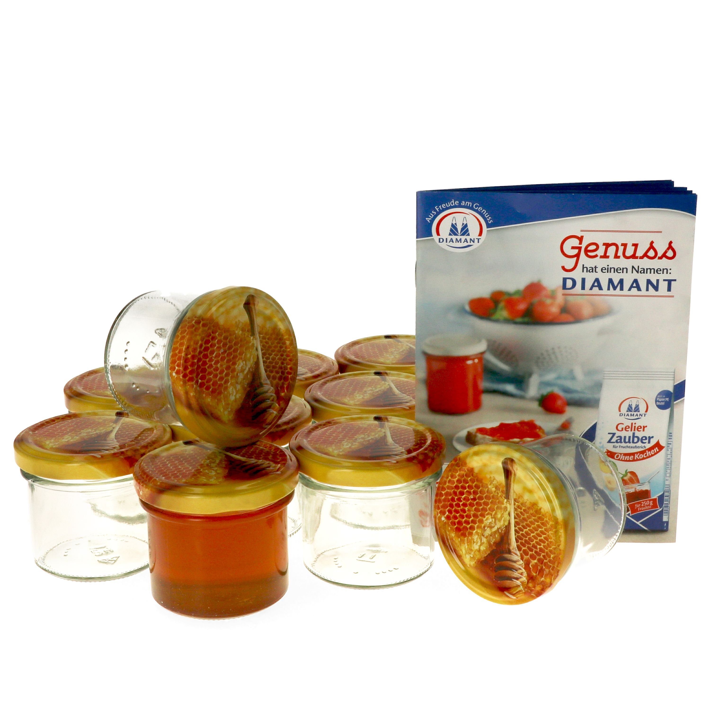 MamboCat Einmachglas 12er Set Sturzglas 125 ml Carino To 66 Deckel mit Honigwabe Rezeptheft, Glas