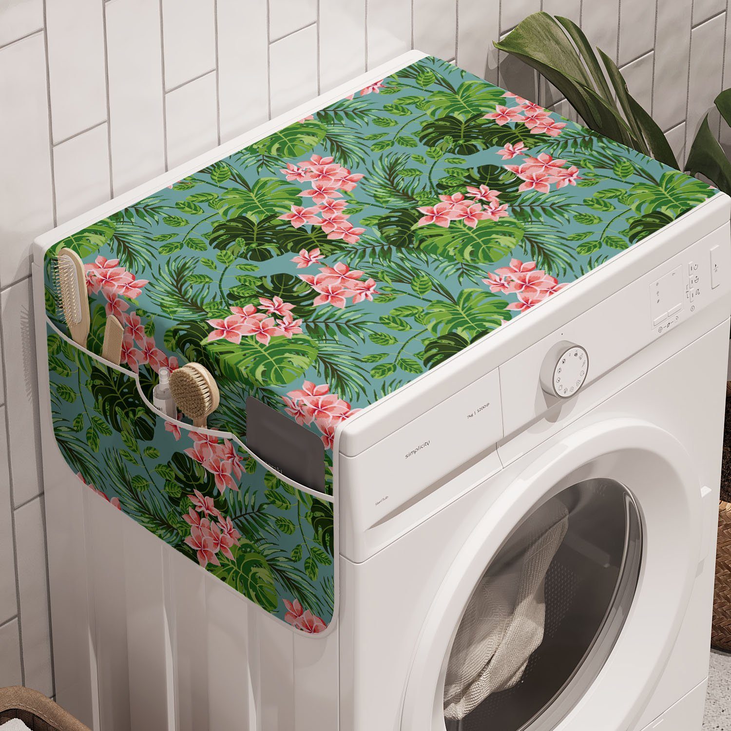 Waschmaschine Exotische Trockner, Anti-Rutsch-Stoffabdeckung und Badorganizer Muster Plumeria Abakuhaus Pastell für Luau
