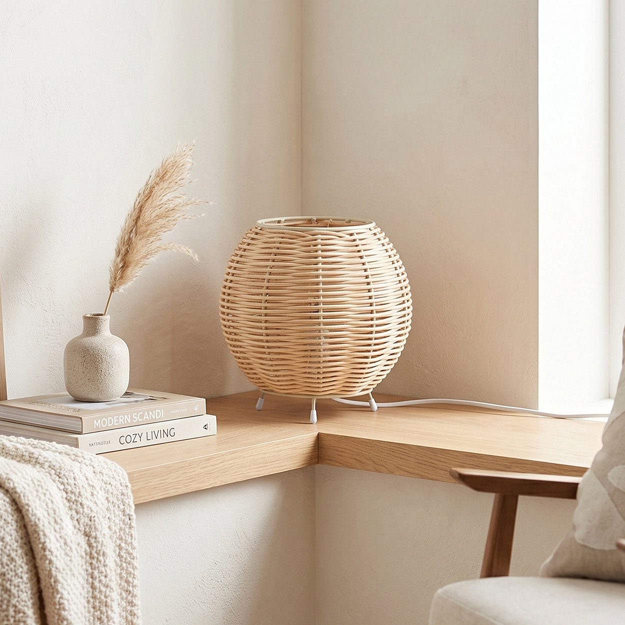 hofstein Tischleuchte Tischlampe aus Metall/Rattan in Beige/Naturfarben, ohne Leuchtmittel, Schirm aus Rattan (16 cm), An/-Auschalter, 1x E14, ohne Leuchtmittel