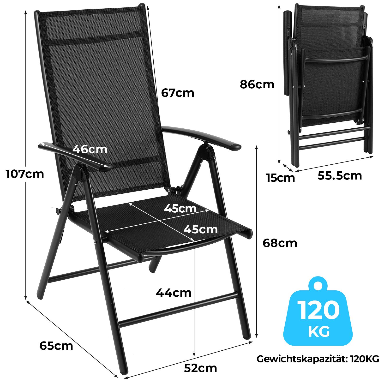 TLGREEN Gartenstuhl Hochlehner, 2/4er Set Balkonstuhl,Klappstuhl,Campingstühle (2 St), klappbar, 7-Fach verstellbare, wetterfest, aus Aluminium, Bis 120kg