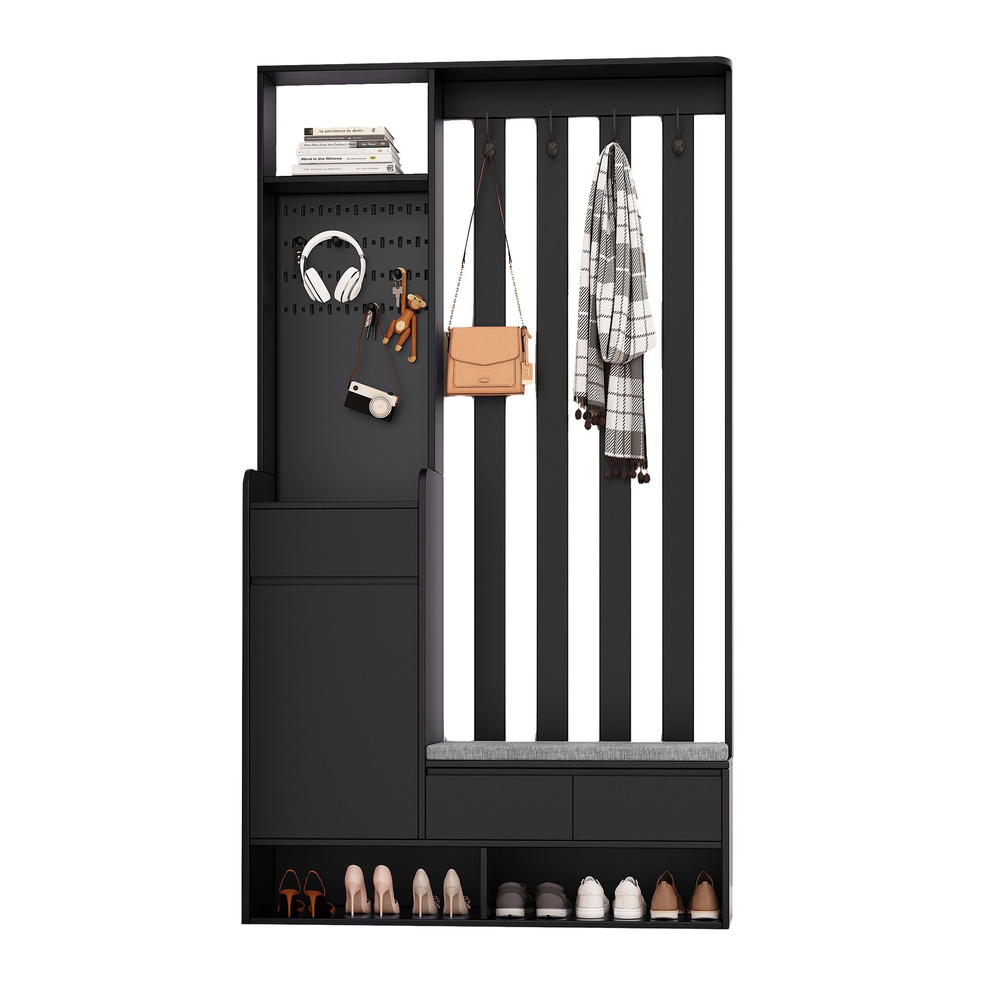 Refined Living Garderoben-Set Flurgarderobe mit gepolsterter Aufbewahrungsbank, Flur-Schuhschrank, (H180/B100/T35 cm, Schuhschrank, moderne Garderobe mit 4 Haken, multifunktionaler Flur-Schuhschrank mit Stecktafel, 1-St., Vielseitiges 6-in-1-Design), für Eingangsbereich, Flur, Waschküche