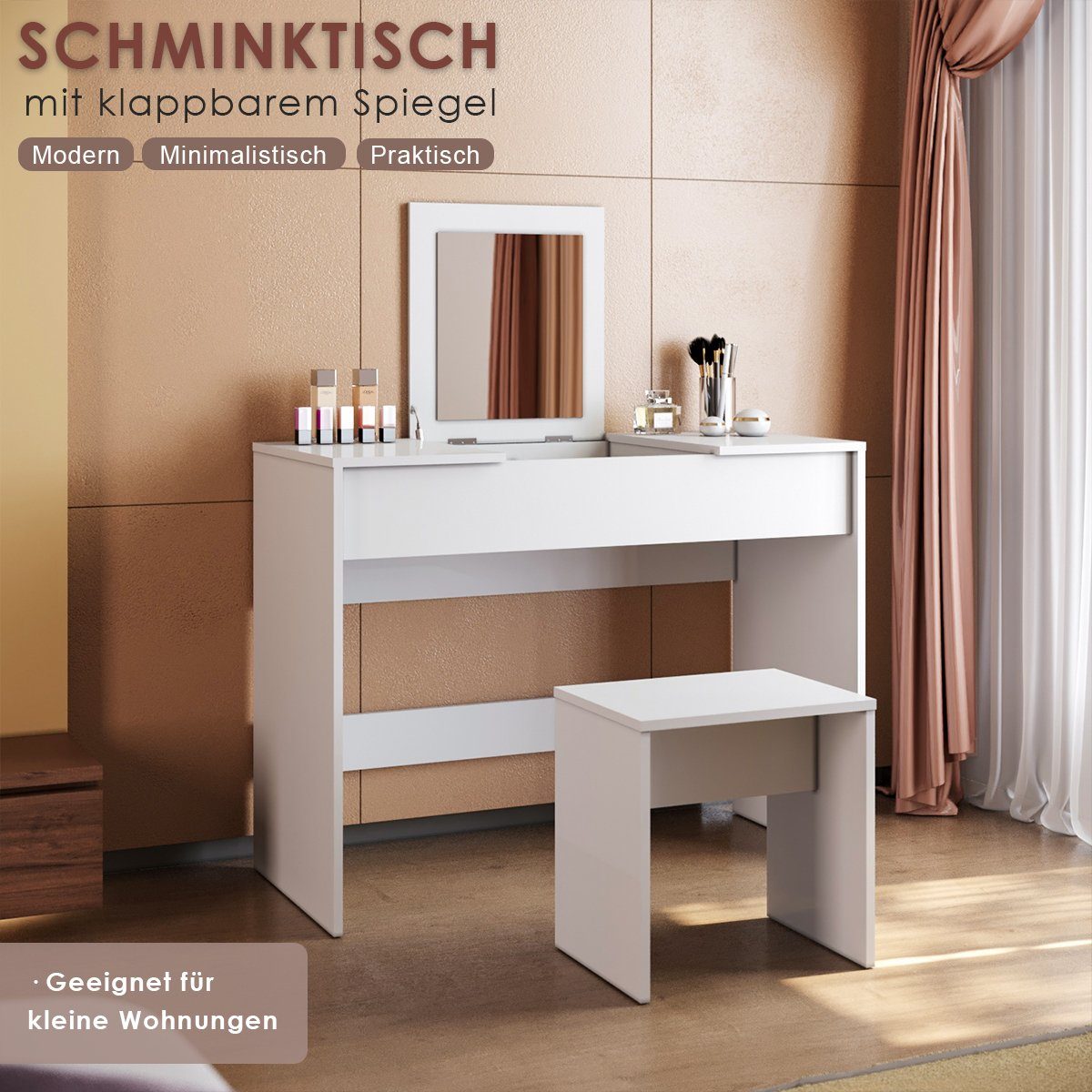 SONNI Schminktisch Frisiertisch Schminktisch mit Beleuchtung und Hocker, weiß, Frisiertisch mit Spiegel 1080x400x1400mm