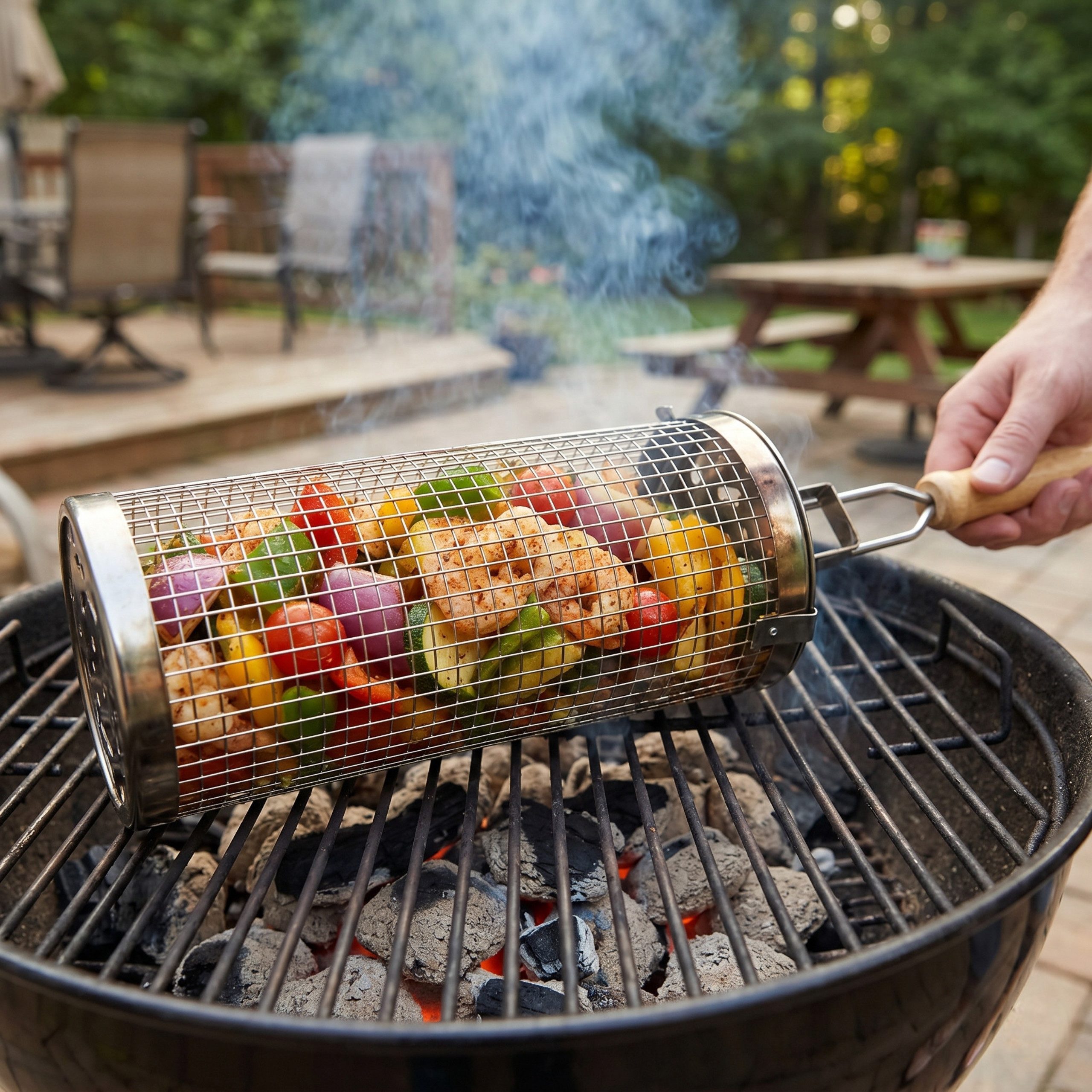 Grill-Welten Grillbesteck-Set Grill Welten Grillkorb Edelstahl BBQ Grillkorb 20 cm mit Holzgriff – Bild 3 von 5