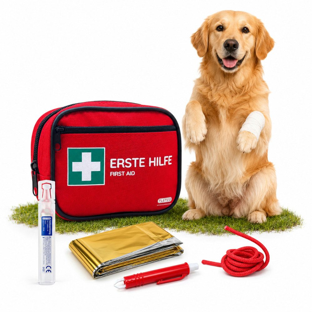 FLEXEO Erste-Hilfe-Set für Hund und Katze, Notfallausrüstung für Vierbeiner, 28-teilig, (1 St), mit Wundauflagen, Bandagen, Maulschlaufe, Zeckenzange, Reinigungstuch
