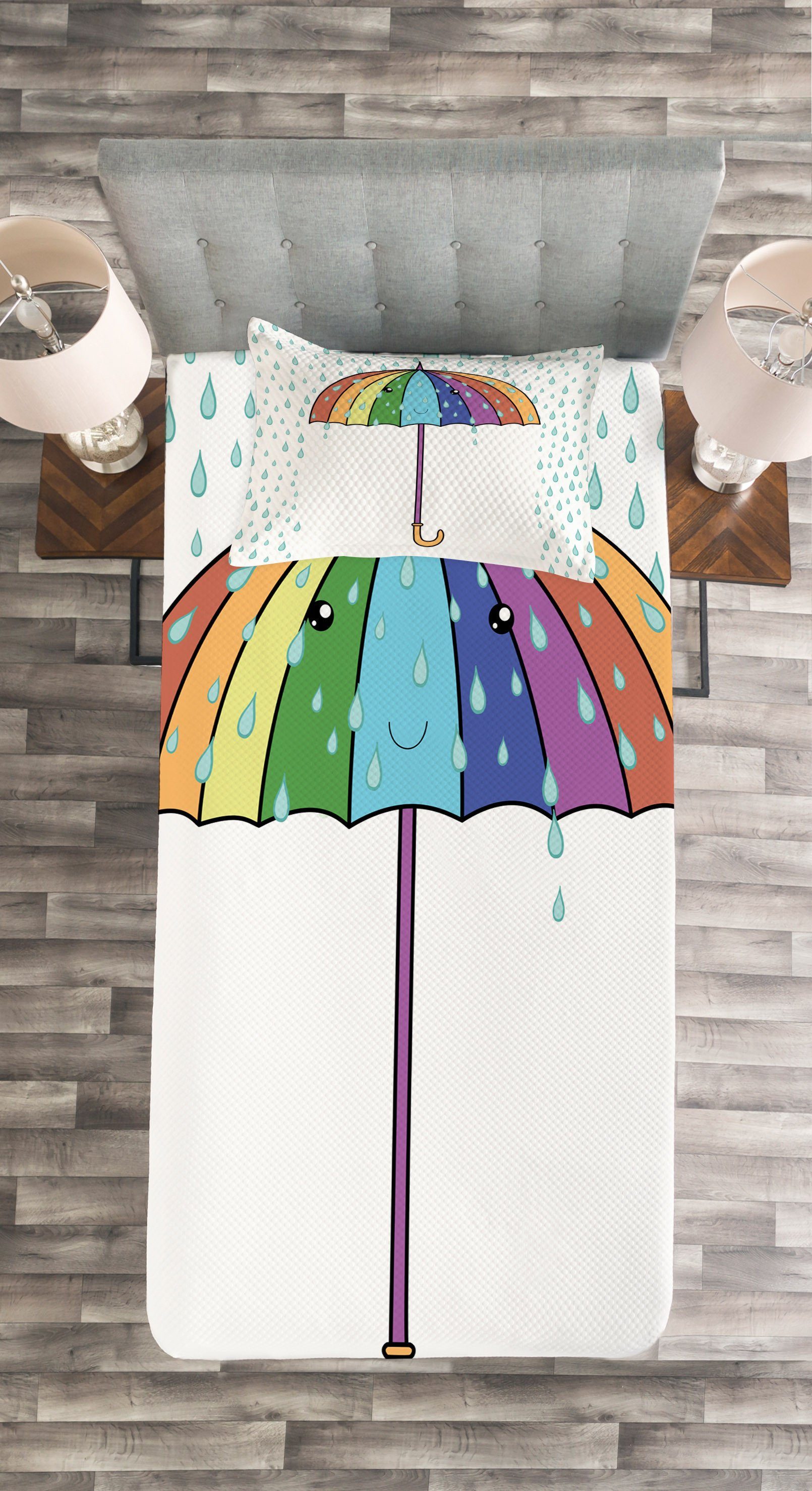 Tagesdecke Set mit Regen Karikatur-Regenschirm Regen Kissenbezügen Abakuhaus, Waschbar