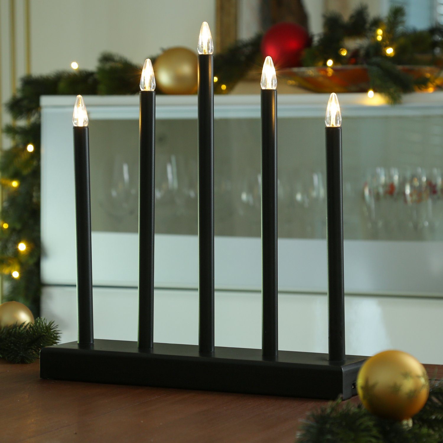 MARELIDA LED Fensterleuchter Holy Deko Weihnachsbeleuchtung 5flammig H:  40cm Timer Batterie schwarz, LED Classic, warmweiß (2100K bis 3000K)