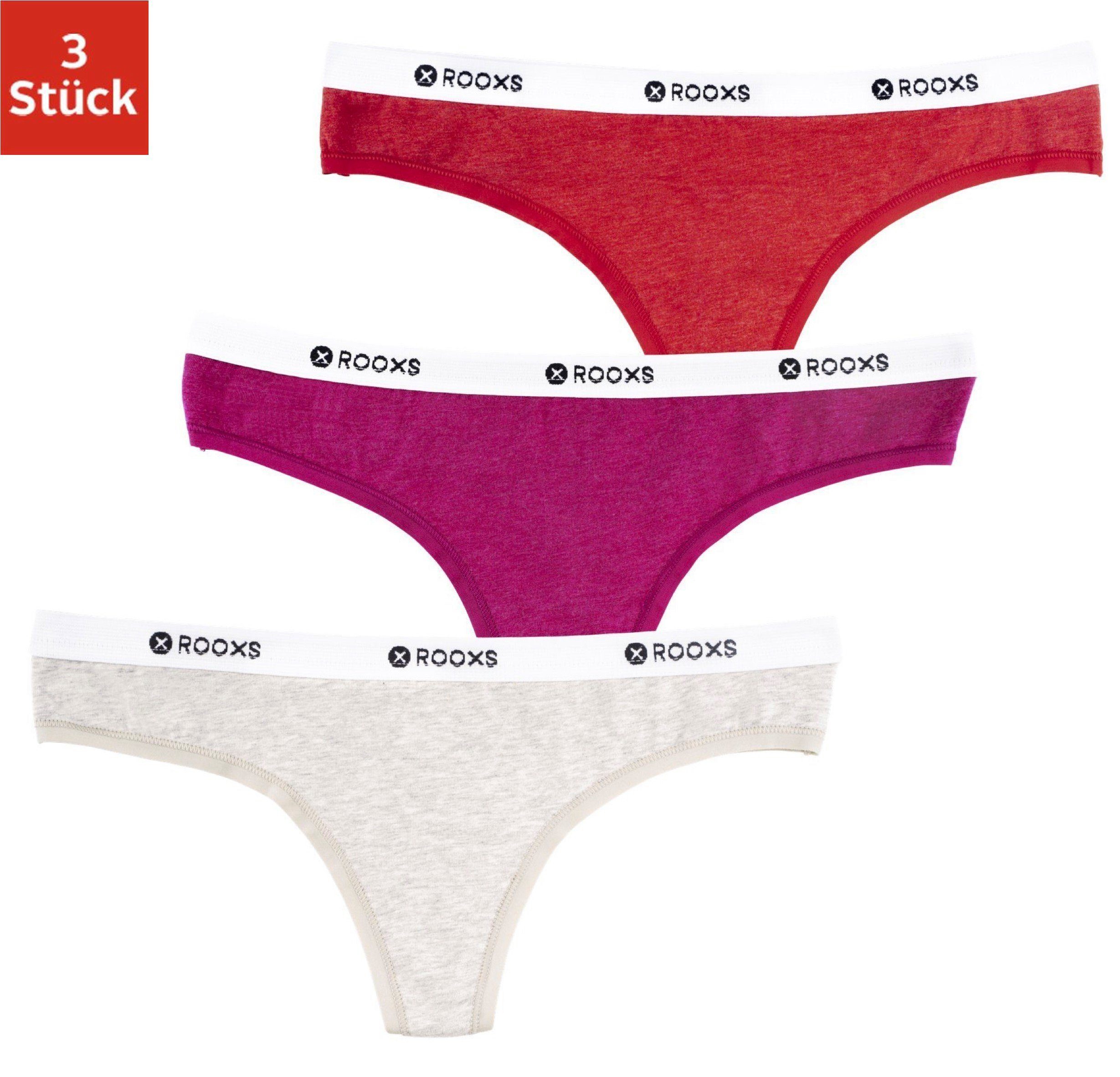 Pink, (3-St) Tanga Mix String Tanga ROOXS Baumwolle Unterwäsche Damen Rot) (Grau, Unterhosen