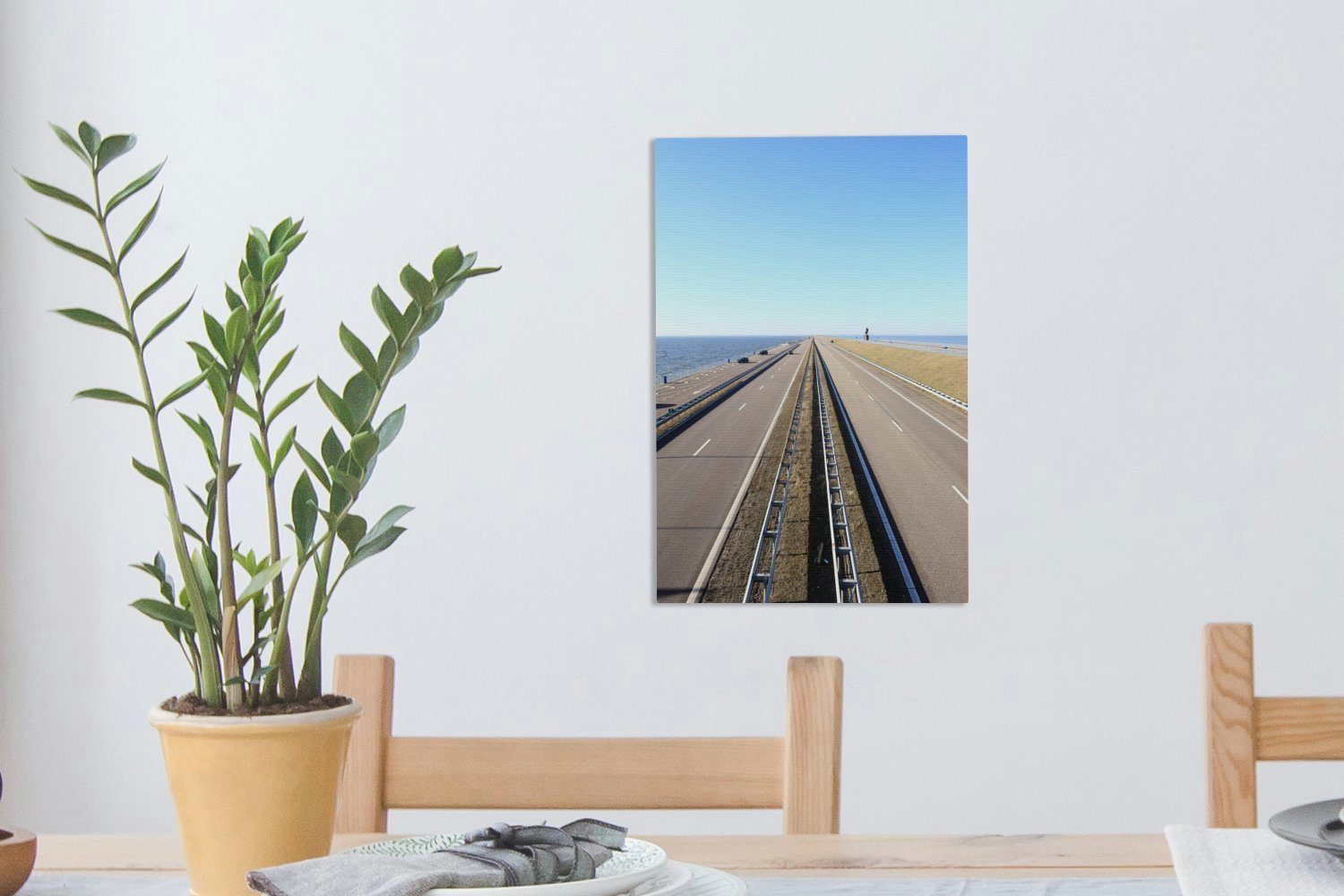 OneMillionCanvasses® Leinwandbild Niederländischer Afsluitdijk mit Gemälde, bespannt St), (1 cm fertig 20x30 Zackenaufhänger, Leinwandbild inkl. blauem Himmel