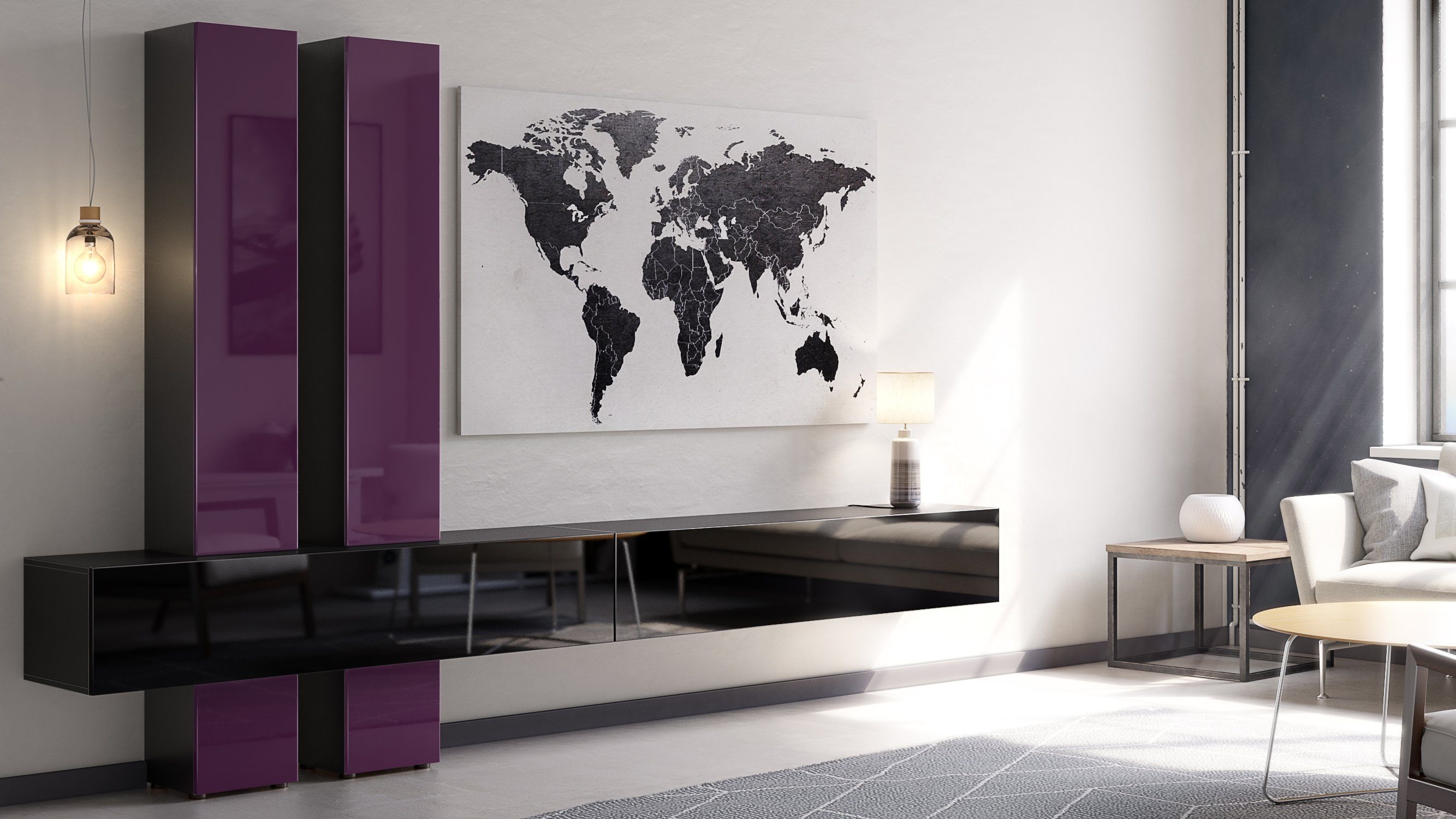 Vladon Wohnwand Moja, (Anbauwand, mit Rückwand mit 4 Türen und 2 Klappen), Schwarz matt/Schwarz Hochglanz und Brombeer Hochglanz (330x204x39 cm)