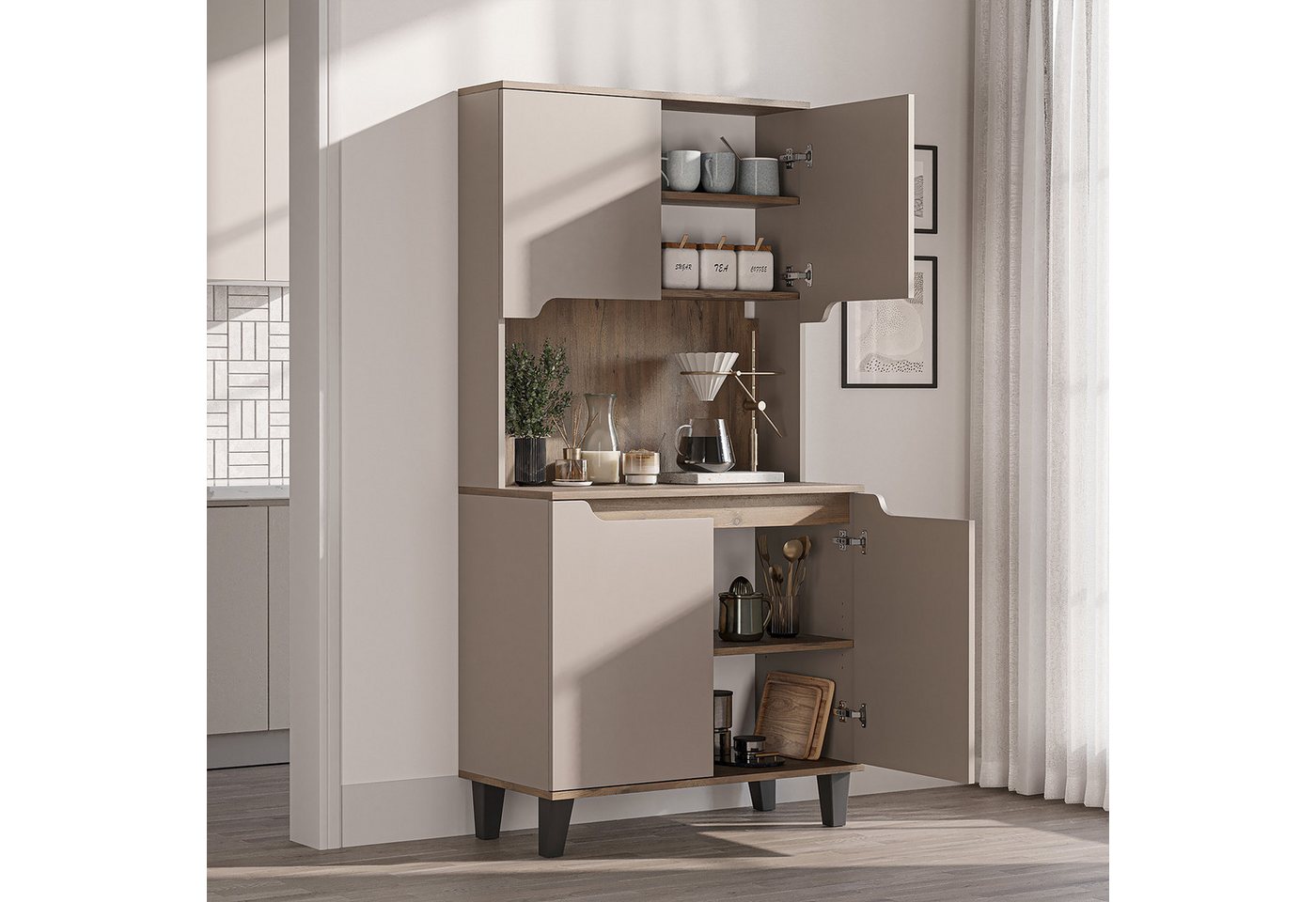 Roomart Küchenbuffet DEFNE mit Nische Kaffeebar Mikrowellenschrank Vorratsschrank, 5 Farben Offene Nische für Kaffeemaschine, 4 Türfächer