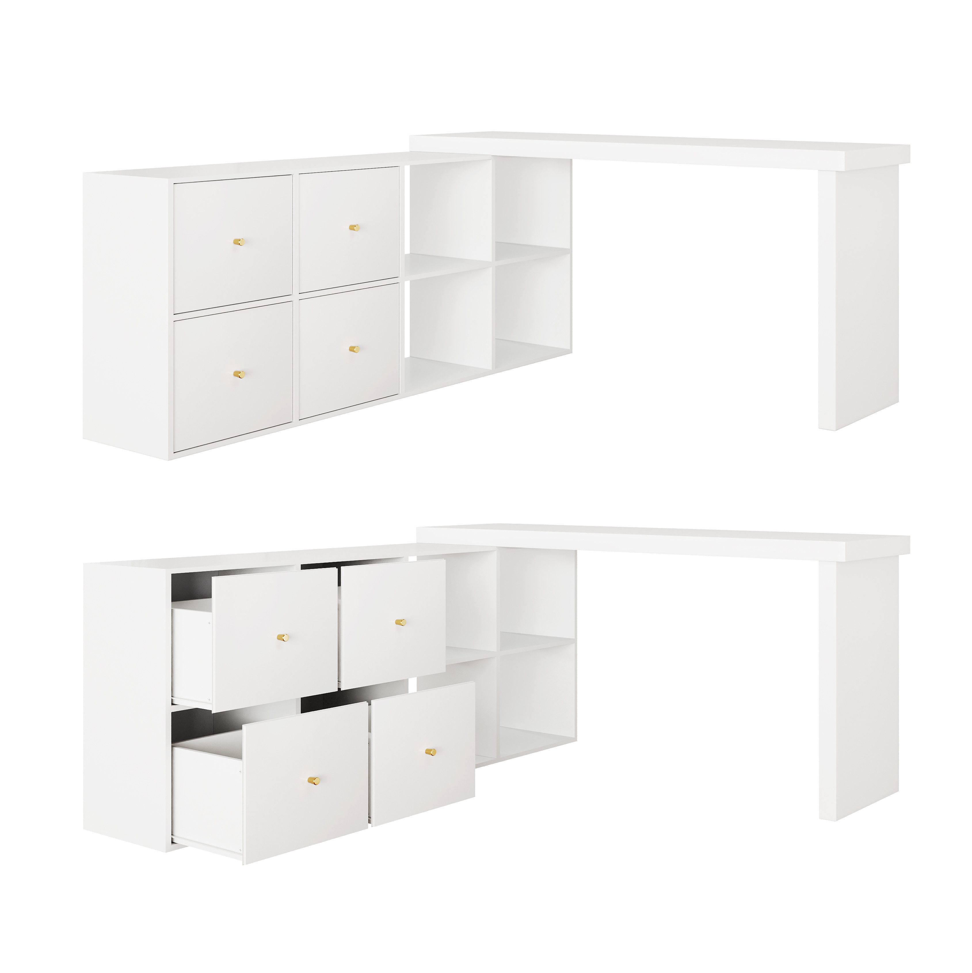Flieks Schreibtisch 360° drehbar Bürotisch mit 4 Schubladen und 4 Fächern (Tischlänge 120xT48xH78 cm/Schranklänge 140xT35 cm, 2-St., 1 Tisch schwenkbar), Comput – Bild 4 von 5