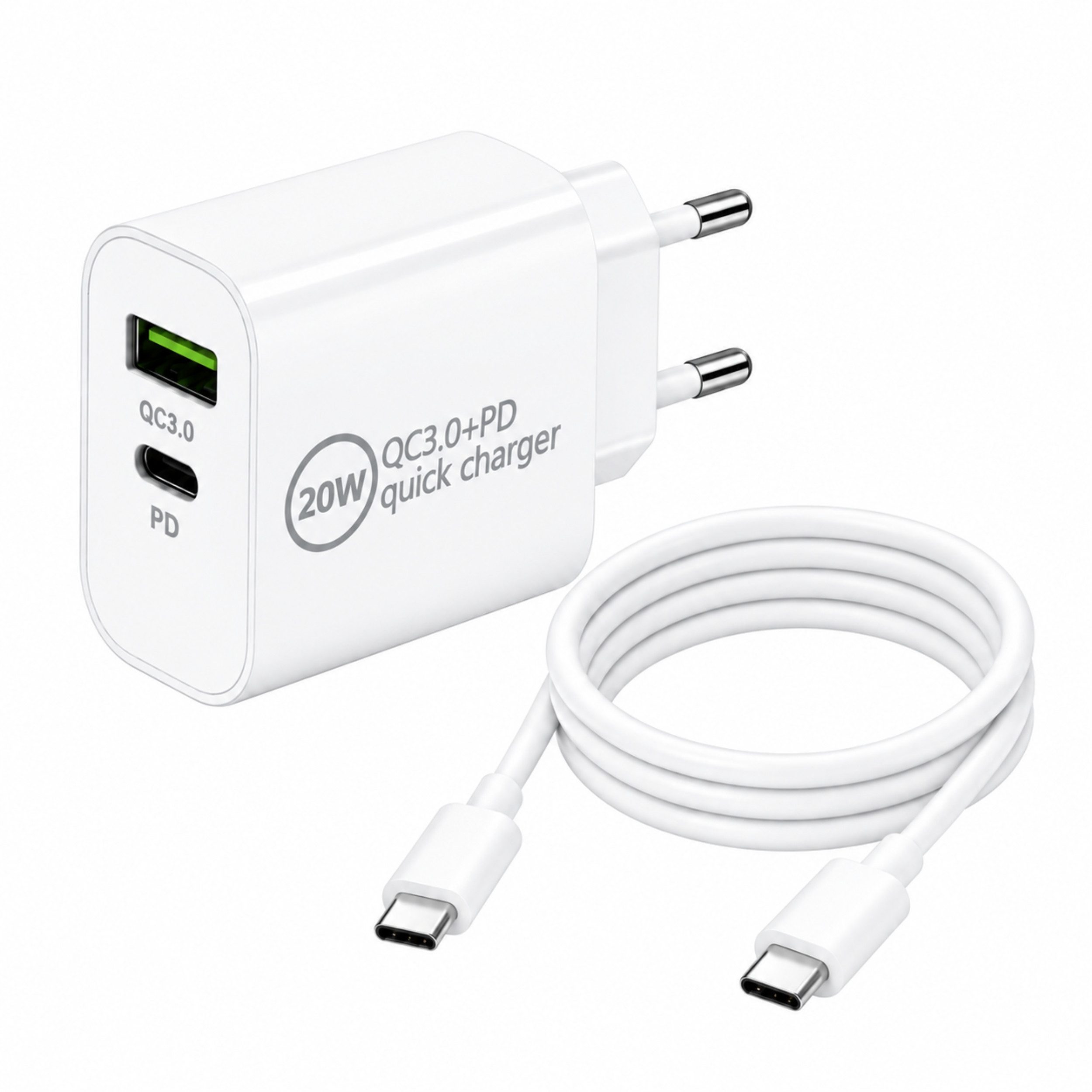 PlugUp 20W USB-C Schnellladegerät Dual-Port mit USB-C Ladekabel Smartphone-Ladegerät (2220 mA, Set, Inkl. USB-C Ladekabel, Universelles Schnellladegerät mit USB-C auf USB-C Ladekabel)