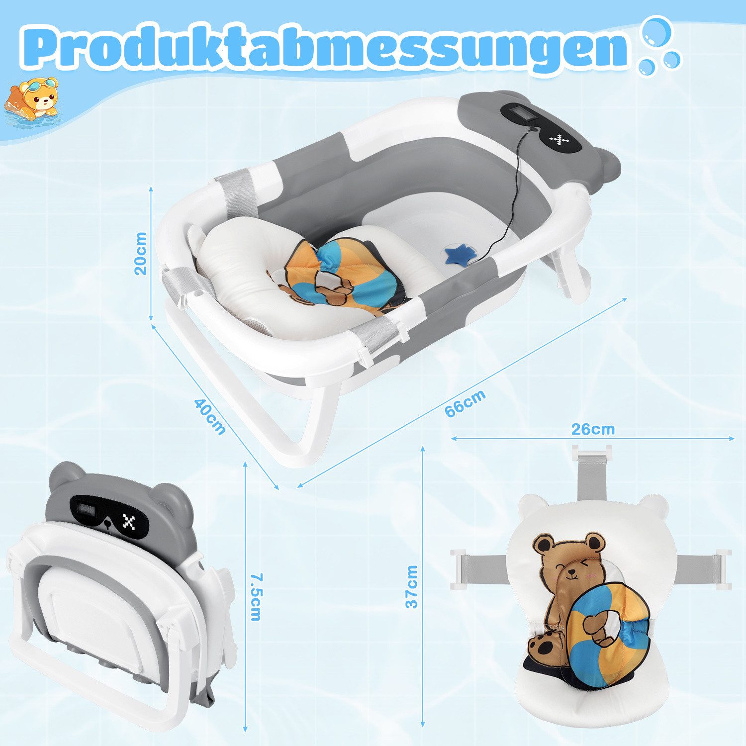 Clanmacy Babybadewanne Baby Badewanne, Faltbare, mit Anti-Rutsch-Badekissen, Baby Bathtub, (1-tlg)