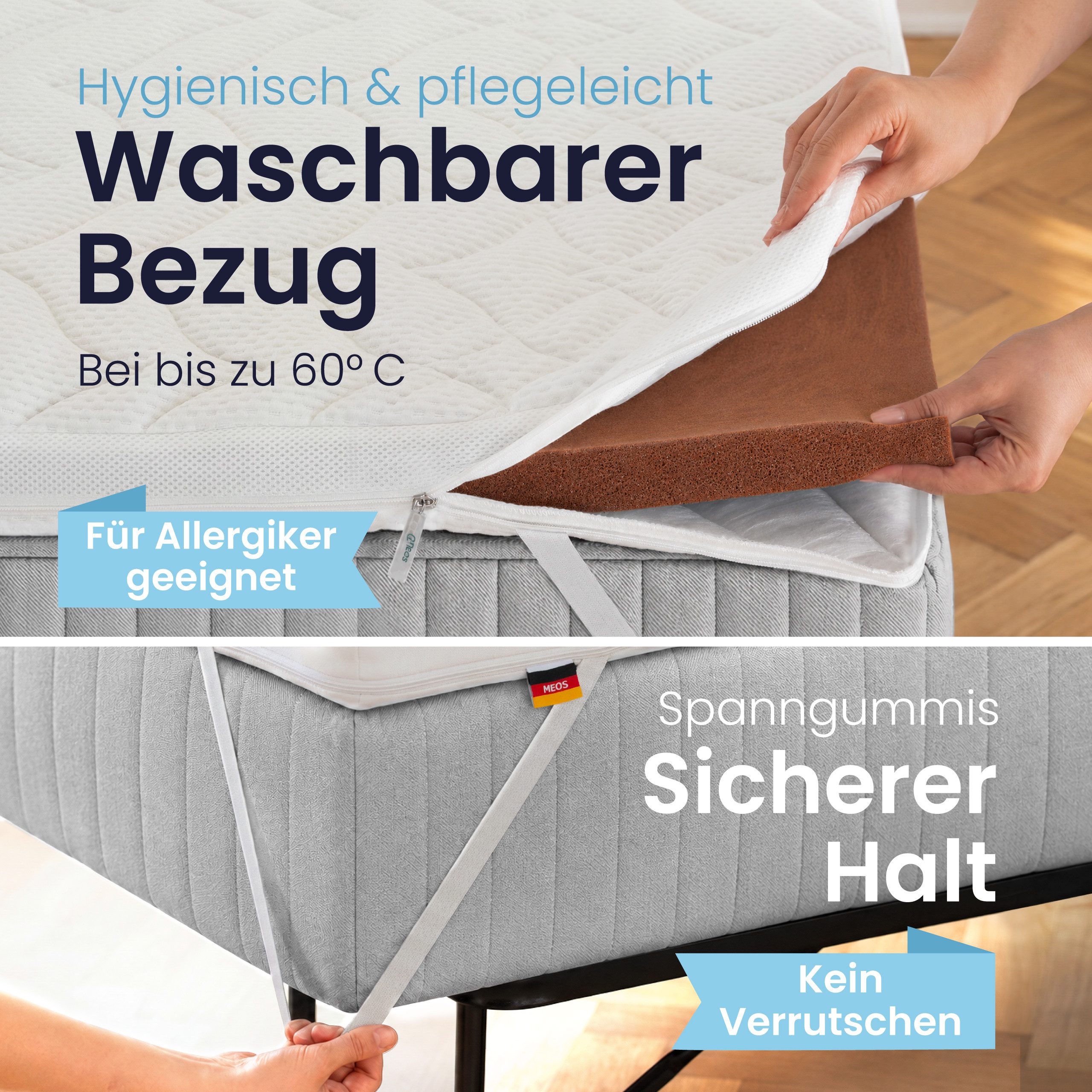 Meos, Topper Luxus Gel-Schaum Topper für Matratzen und Boxspringbetten, 8 cm hoch, Gelschaum, 90x200 cm, Made in Germany, Reißverschluss, Atmungsaktives Klimaband